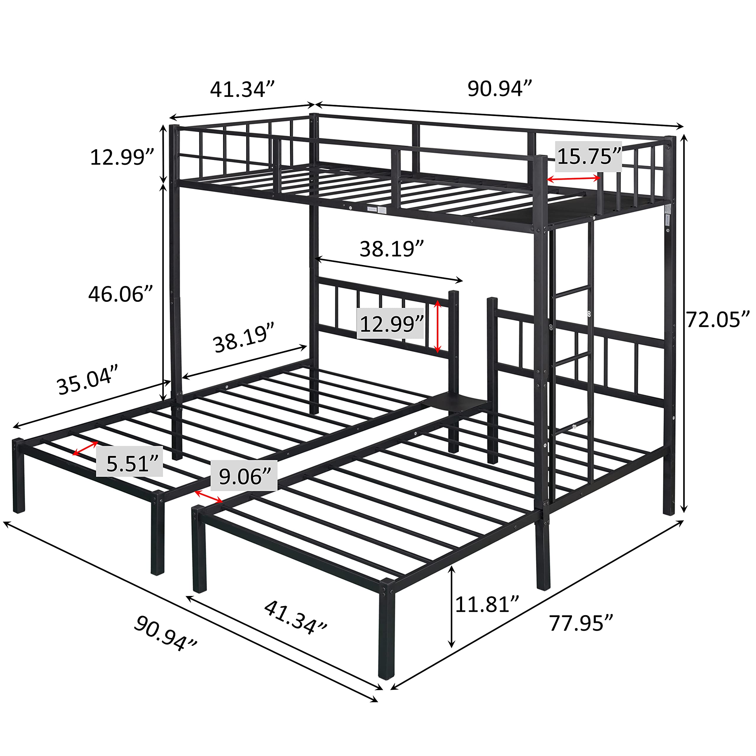 Sturdy Metal Triple Bunk Bed - Twin Over Twin Bunk Bed for Kids & Teens - Convertible to 3 Separate Twin Beds with Ladders & Safety Guardrails - Space-Saving Solution for Dorms, Shared Kids Rooms & Small Apartments (Black)
