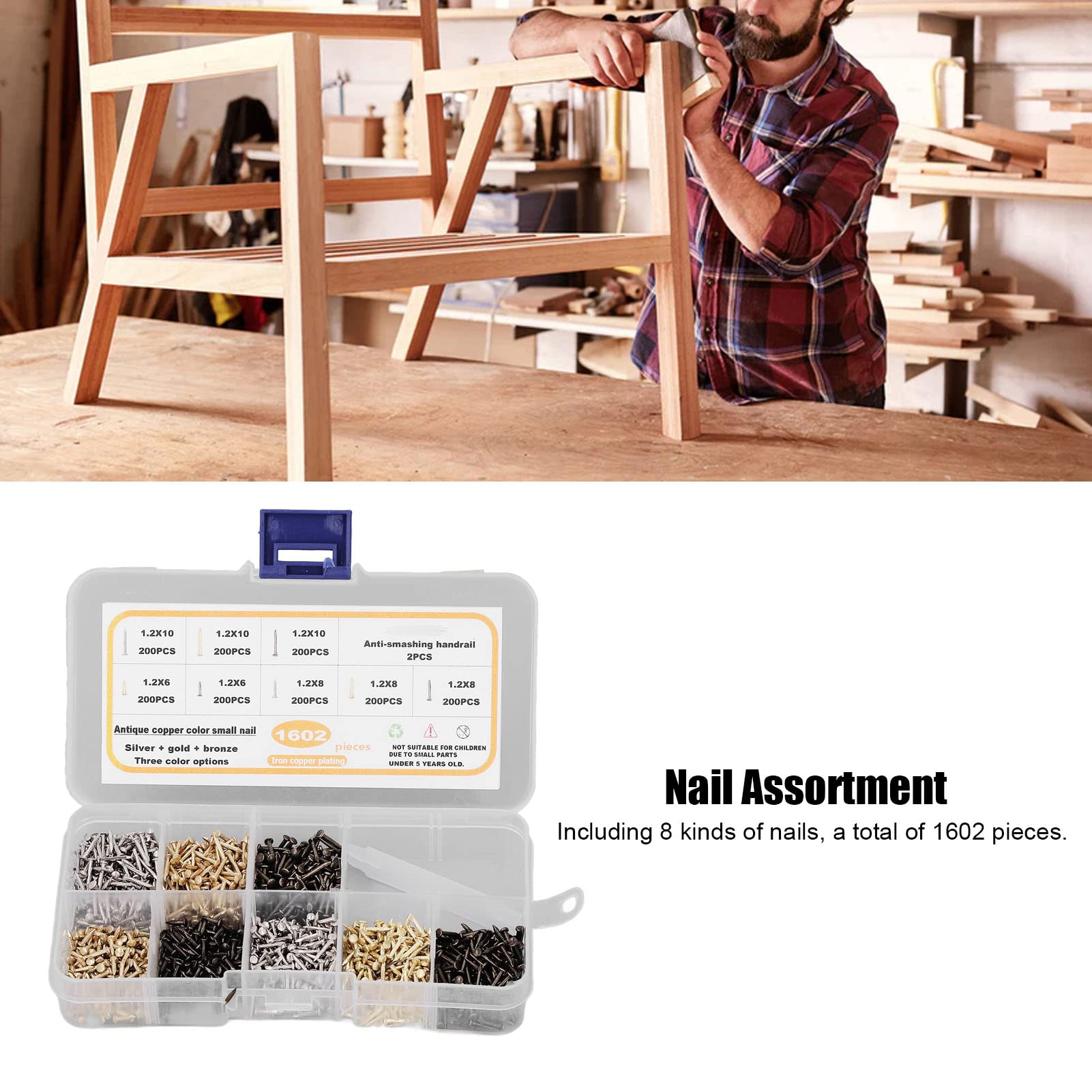Furniture Nails - Carbon Steel Nail Assortment Kit for Home Improvement, DIY Projects & Woodworking - Durable & Portable Fasteners for Carpentry, Upholstery & General Repairs