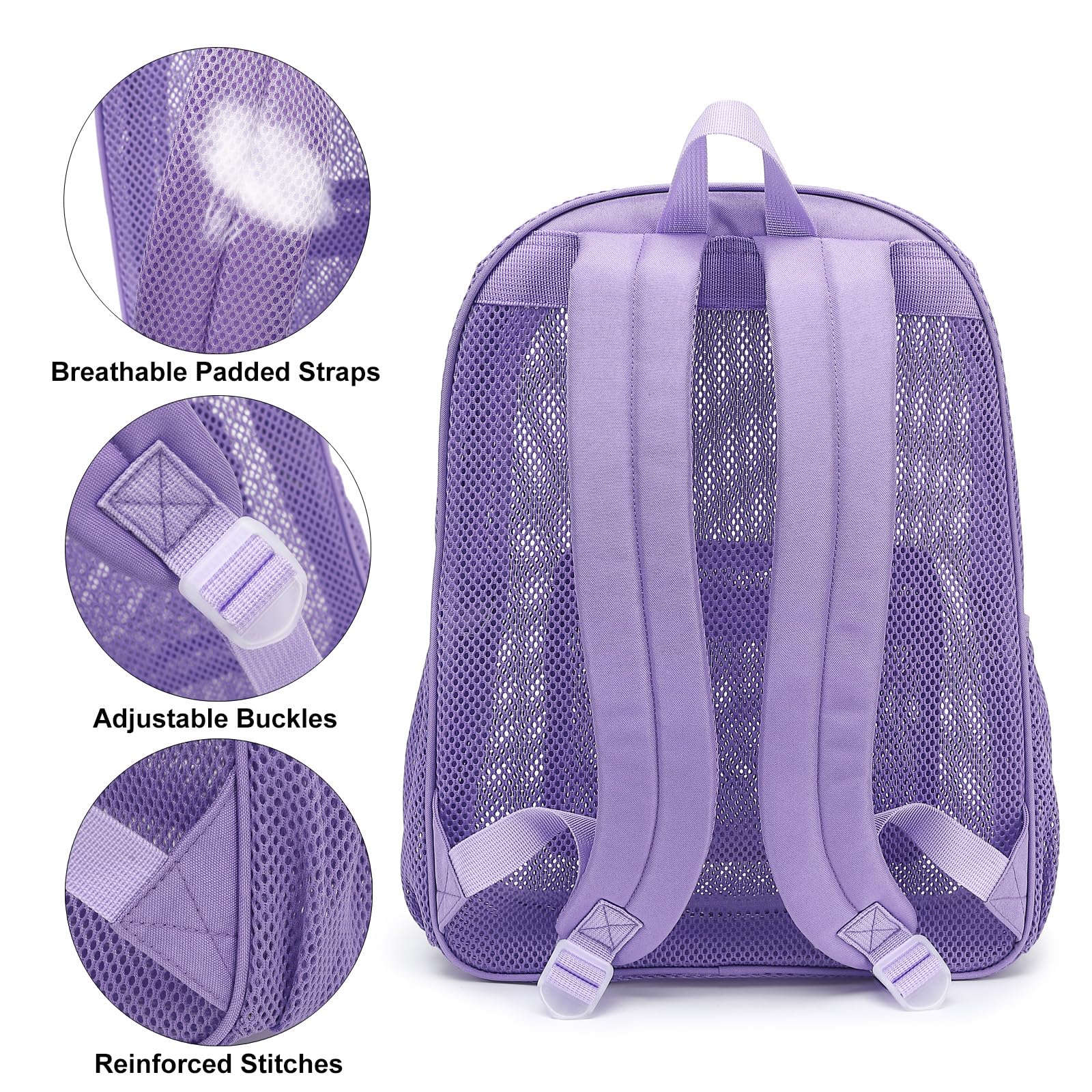Heavy Duty Mesh Backpack - Transparent School Backpack for Work, Travel & Beach - Durable Lavender Purple Backpack for Students, Commuters & Outdoor Activities
