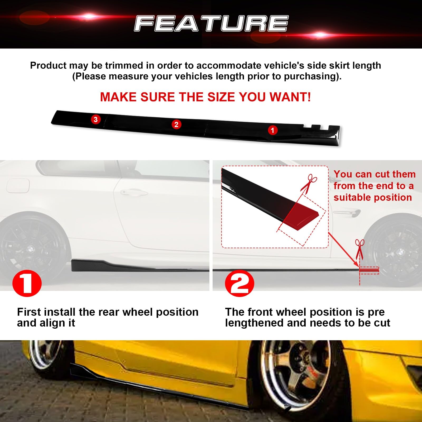 Universal Fit Car Side Skirts - Rocker Panel Protector with Splitter Winglets & Diffuser | Durable Bottom Line Extension Body Kit for Enhanced Style & Protection | Perfect for Street Racing, Car Shows & Daily Driving