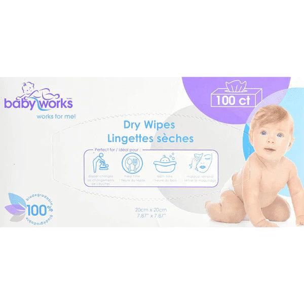 Baby Works Dry Wipes - 100 Count | Ultra Soft & Hypoallergenic Baby Wipes for Diaper Changes, Face Cleaning & On-the-Go Care