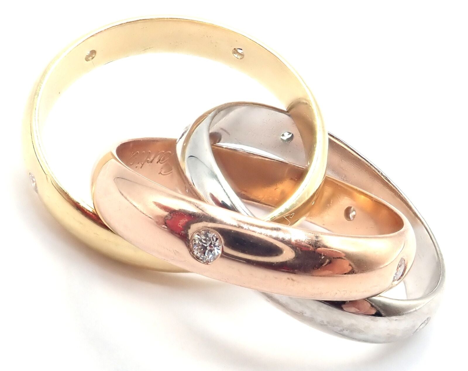Authentic Cartier 18k Tri-Color Gold Diamond Trinity Band Ring - Size 5.75 with Certification - Perfect for Anniversary Gifts, Luxury Jewelry Collection & Special Occasions
