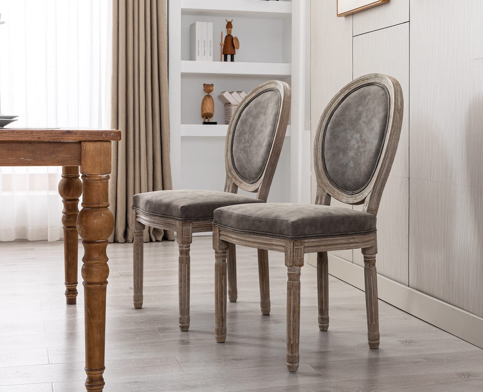 Kmax PU Leather Dining Chairs Set of 2 - French Farmhouse Style Round Back Kitchen & Living Room Chairs in Grey - Perfect for Home Decor, Restaurant, and Cafe Seating