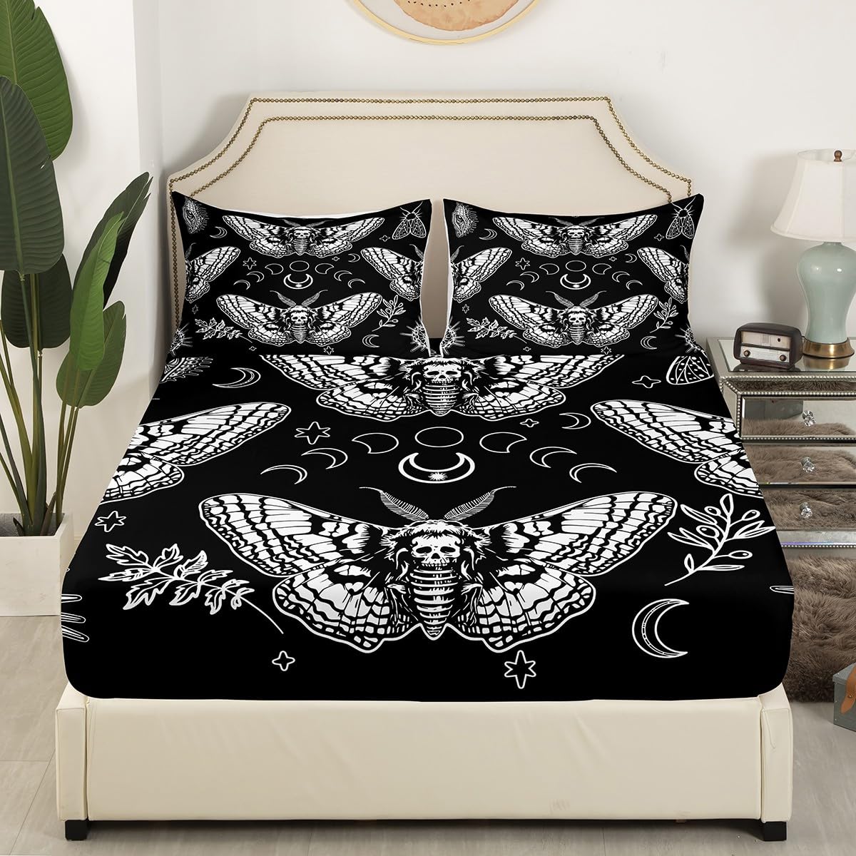 Gothic Skull Fitted Sheet Set - Death Moth & Floral Print Microfiber Bedding (2pc: Fitted Sheet + Pillowcase) - Twin Size for Kids Room, Halloween Decor & Gothic Bedroom Theme