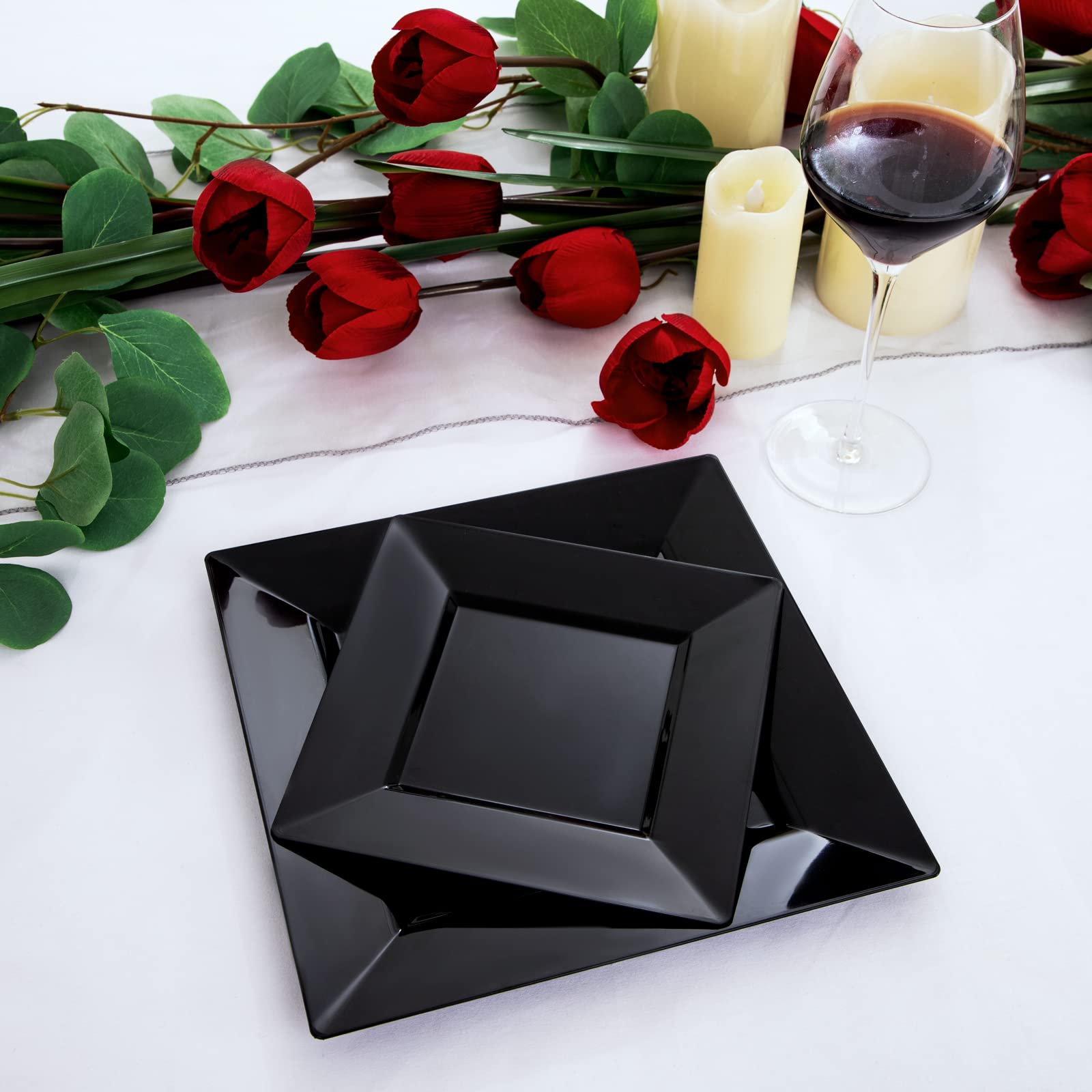 Liacere 60-Pack Black Plastic Plates - Premium Square Disposable Plates Set (30PCS 9.5