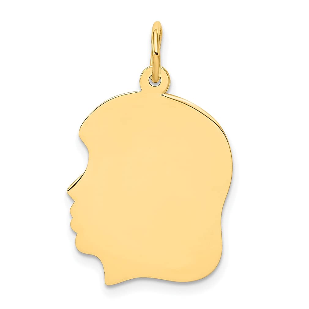 14K Yellow Gold Engravable Girl Head Charm Necklace Pendant - Medium .018 Gauge Facing Left - Personalized Baby Disc Boy Jewelry for Women - Perfect Gift for Her, Mom, Daughter | Birthday, Anniversary, Mother's Day Present