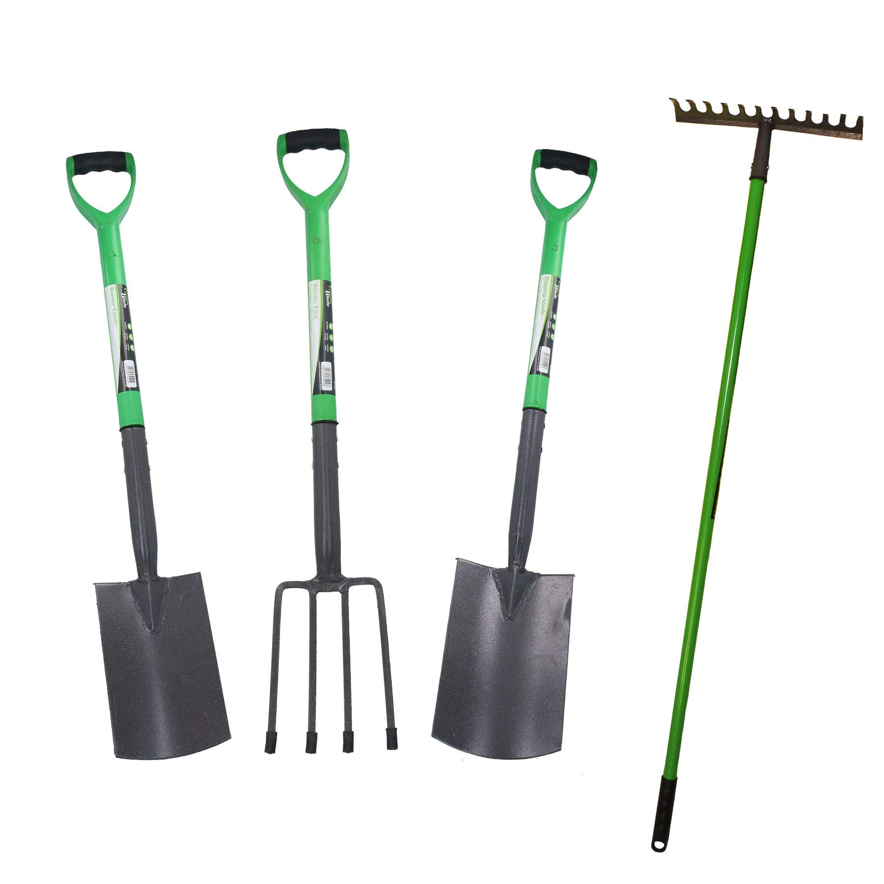 AB Tools 4-Piece Garden Tool Kit - Carbon Steel Border Fork, Spade, Rake & Digging Spade | Heavy Duty Gardening Tools for Landscaping, Planting & Soil Cultivation