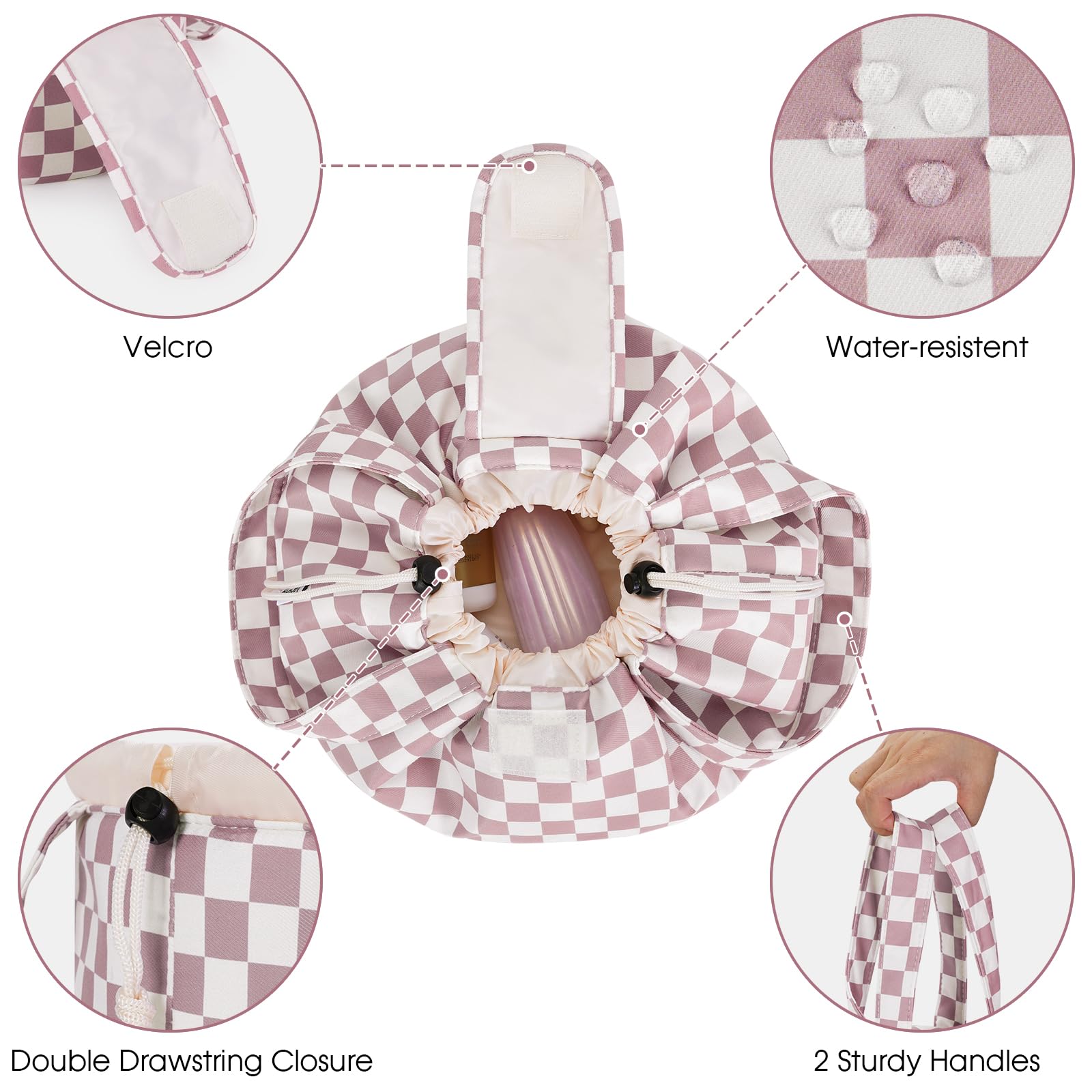 Narwey Large Checkered Makeup Bag with Drawstring - Waterproof Cosmetic & Toiletry Organizer for Women & Teen Girls - Perfect for Travel, Gym, and Daily Use (Dusty Rose Checkerboard, Patent)