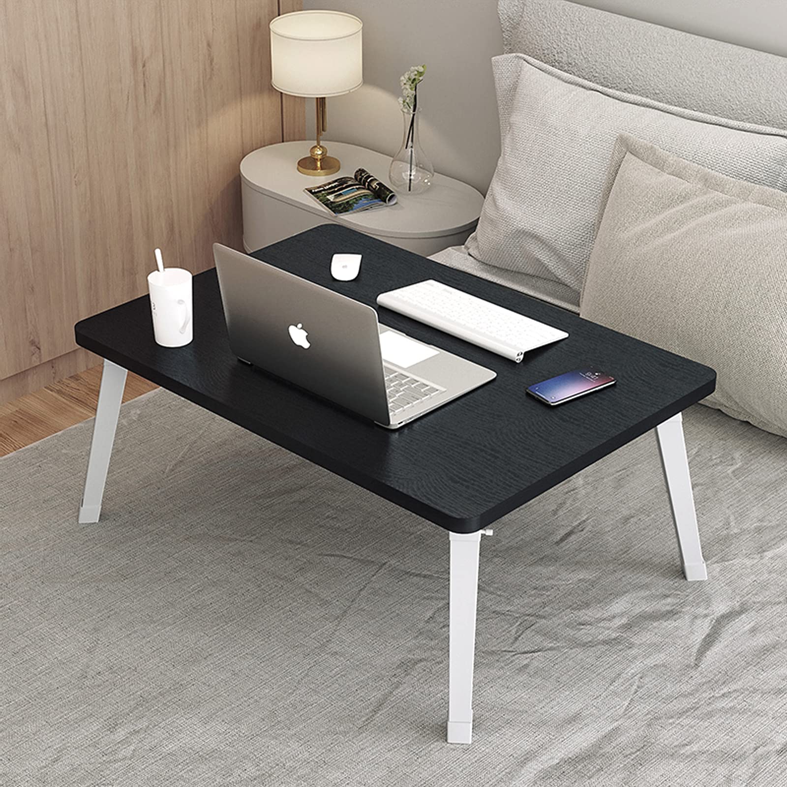Foldable Laptop Desk for Bed - 23.6 Inch Adjustable Height Floor Standing Table with Sturdy Legs - Perfect for Working, Studying or Watching Movies in Bed - Black