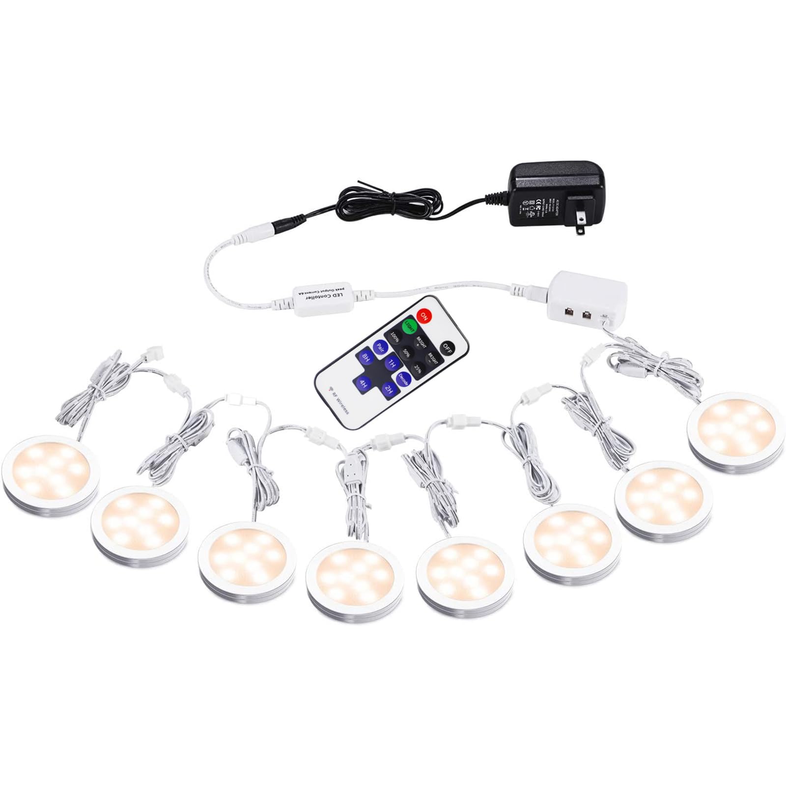 Aiboo Linkable Under Cabinet LED Puck Lights - 12V Dimmable Kitchen Lighting with Wireless RF Remote Control, UL Listed Power Plug (8 Pack, Warm White) - Perfect for Countertop Task Lighting, Pantry Shelves & Home Bar Ambience