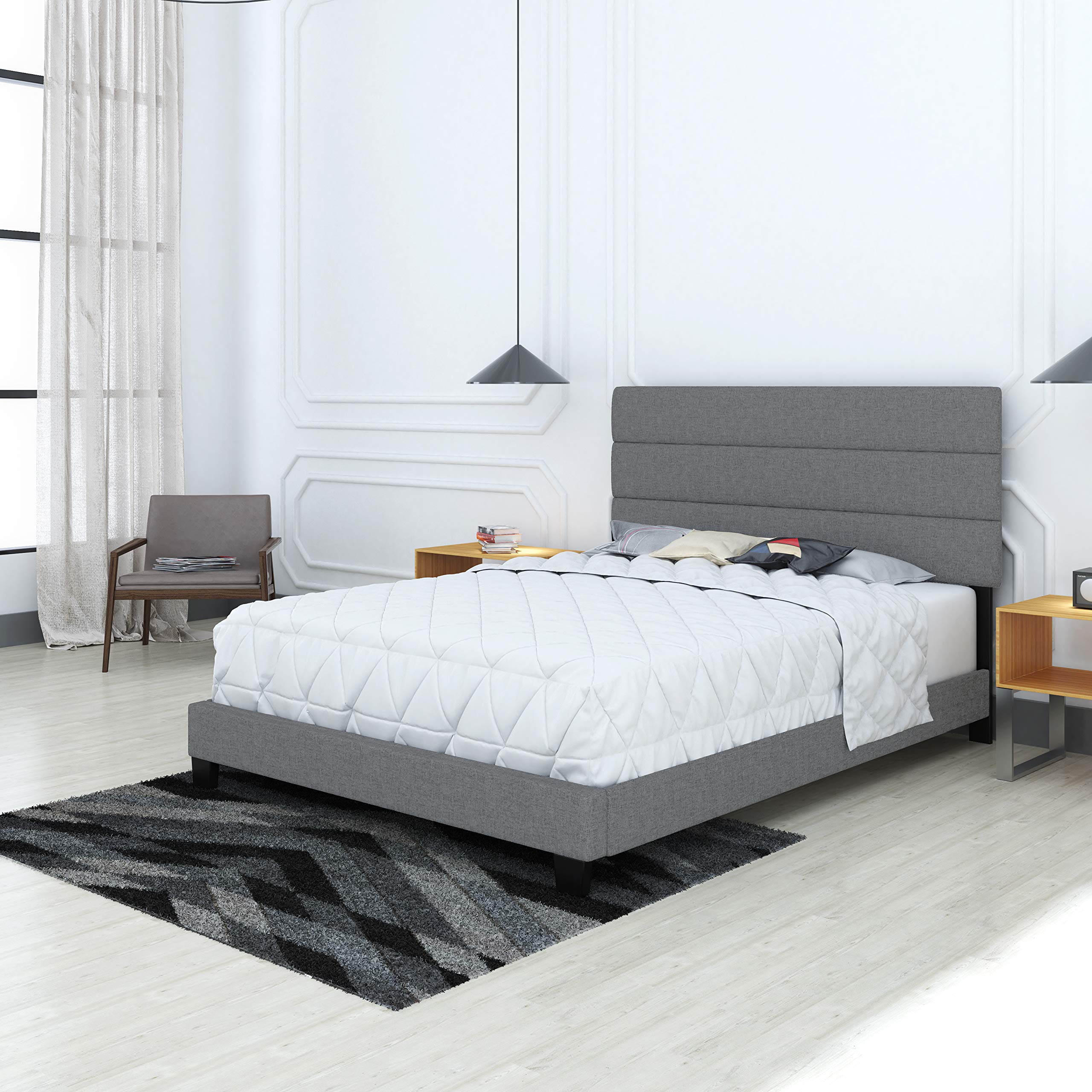 Boyd Sleep Sicily Upholstered Platform Bed Frame with Tri-Panel Headboard - Queen Size Mattress Foundation with Wood Slat Support in Linen Grey - Perfect for Modern Bedrooms & Guest Rooms