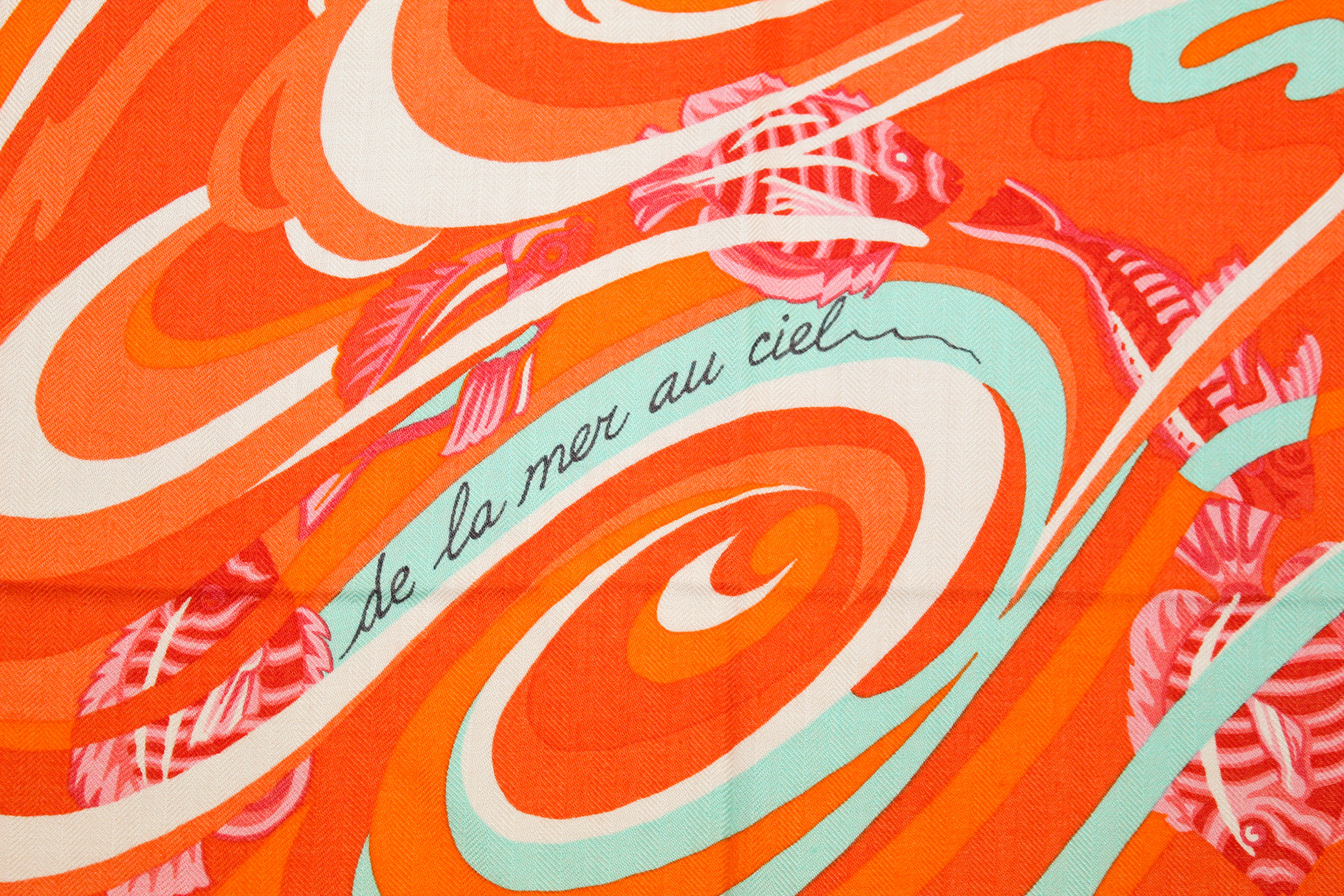 Authentic Hermes Cashmere Silk De La Mer Au Ciel Shawl 140 - Orange Vert Corail Scarf Wrap for Women | Luxury Fashion Accessory for Parties, Weddings & Special Occasions