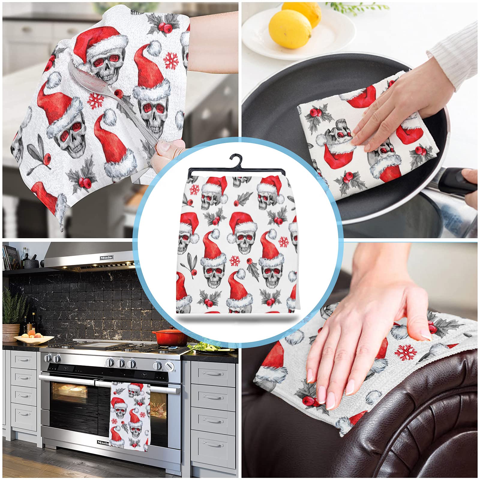 Premium Halloween & Christmas Skull Print Kitchen Towels - 16x28 Inches Soft Cotton Dish Cloths, Tea Towels & Hand Towels (2 Pack) - Perfect for Holiday Decor, Dish Drying & Bar Use