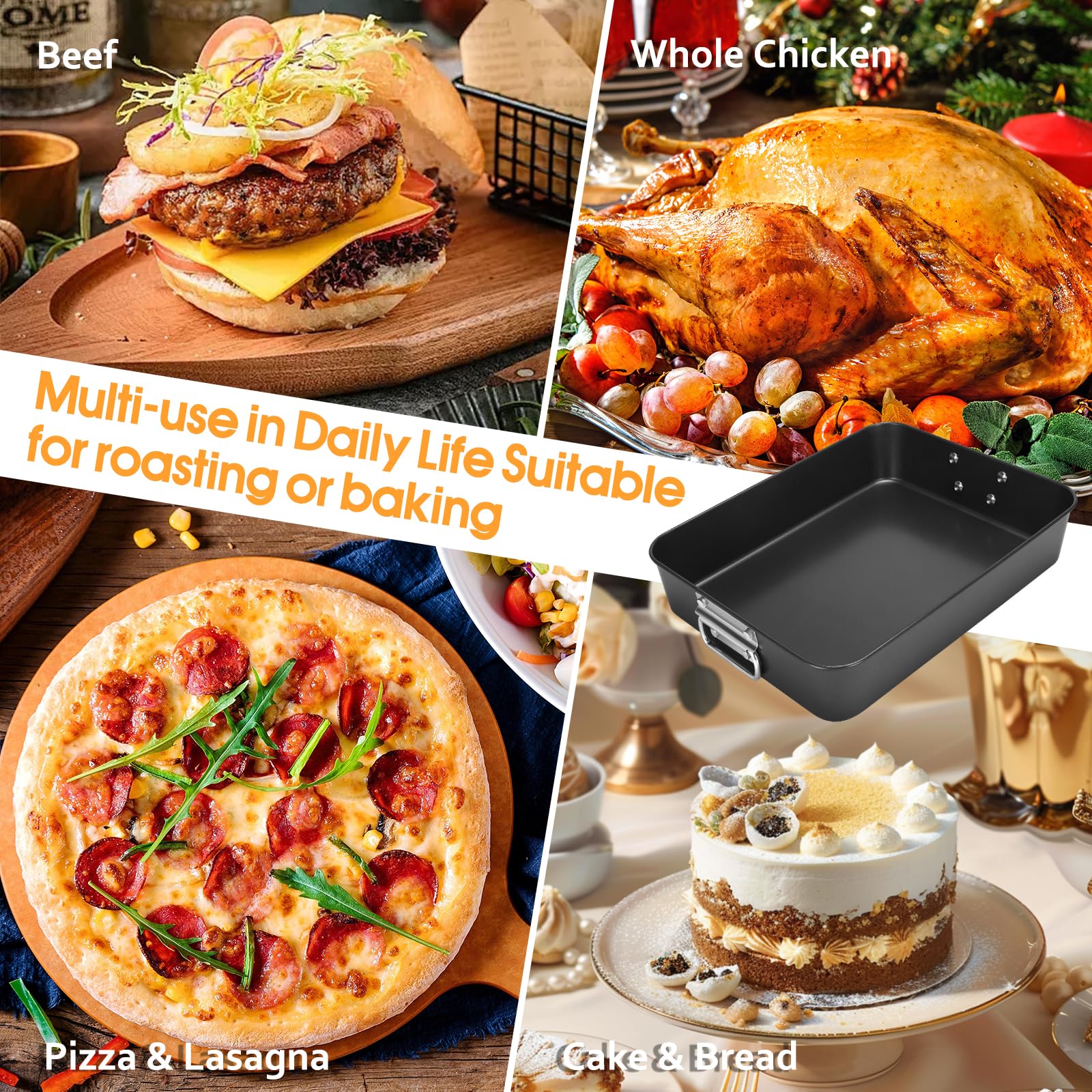 2-Pack 13.7x16 Inch Deep Lasagna Baking Pans - 3 Inch Depth Nonstick Roasting Pans with Handles, Heavy Duty Oven Safe Rectangular Cake Pans, Dishwasher Safe Dark Grey - Perfect for Family Dinners, Holiday Cooking & Meal Prep