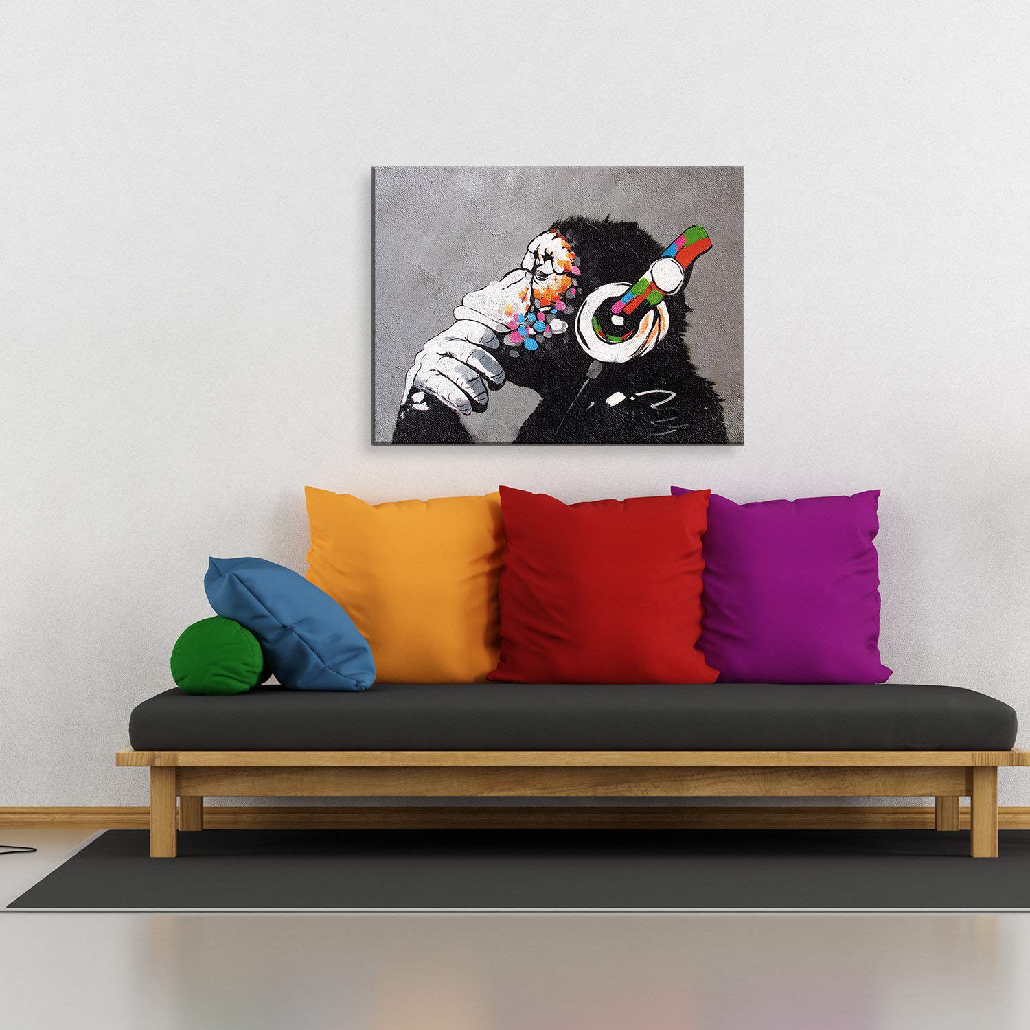 Thinking Monkey Headphones Canvas Wall Art Print - Banksy DJ Gorilla Thinker Nursery Decor, Large Music Funny Street Graffiti Bedroom Wall Art for Home & Office Decor