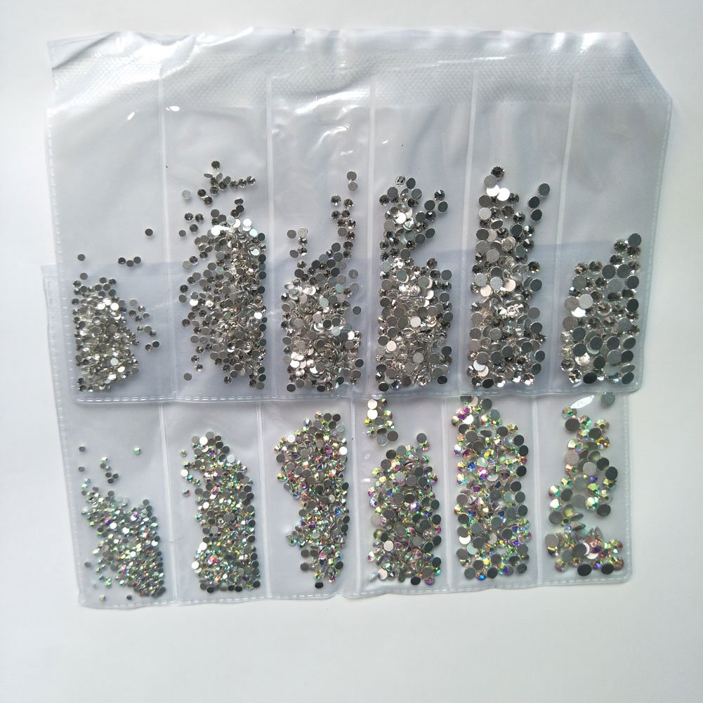 Mix AB & Clear Rhinestones Nail Art Crystals - Flatback Glass Gems & Round Beads for Nails, Crafts, Eye Makeup, Clothing & Shoe Decoration (SS4-SS16 Size Mix) - Perfect for DIY Nail Designs, Costume Jewelry & Fashion Accessories