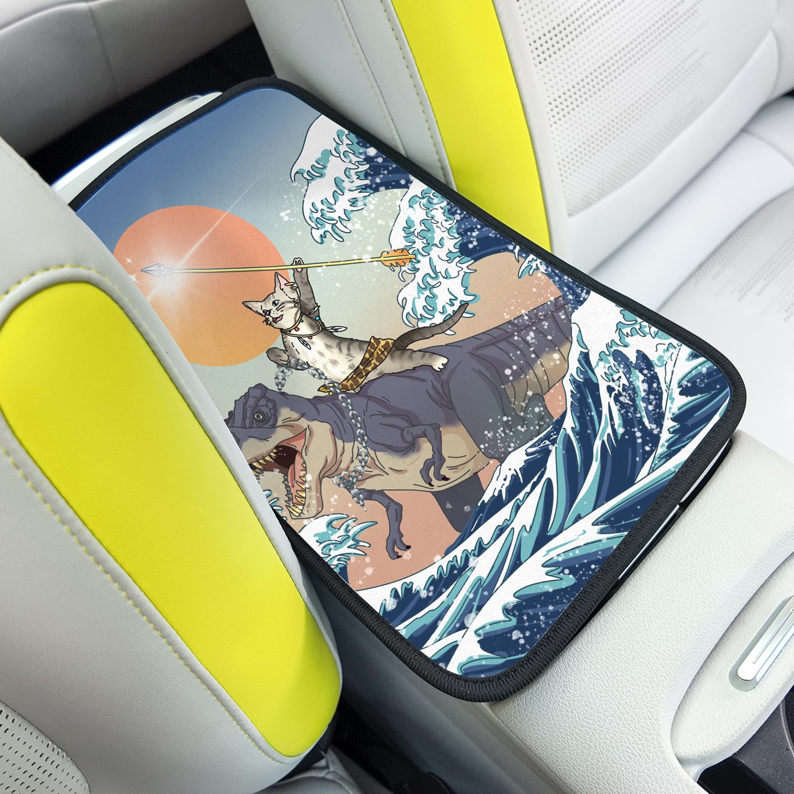 Cat & Dinosaur Car Center Console Cover - Universal Armrest Pad Protector for Cars, SUVs & Trucks | Soft & Durable Interior Accessory for Pet Lovers & Kids (Perfect for Road Trips & Daily Commutes)