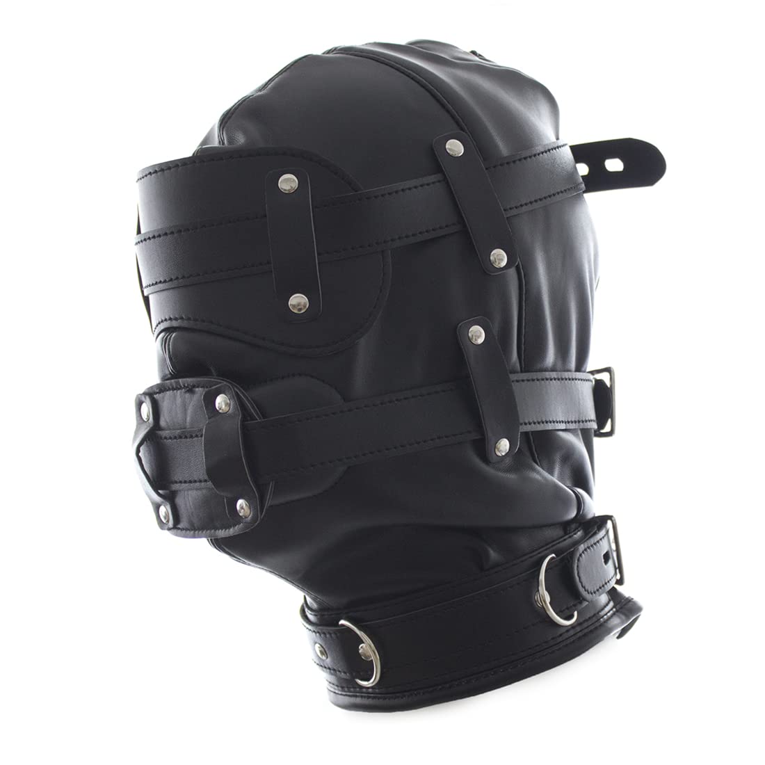 Black Leather Adjustable Blindfold Head Hood - Removable Cosplay Mask for Halloween & BDSM - Soft Face Cover for Role Play & Costume Parties
