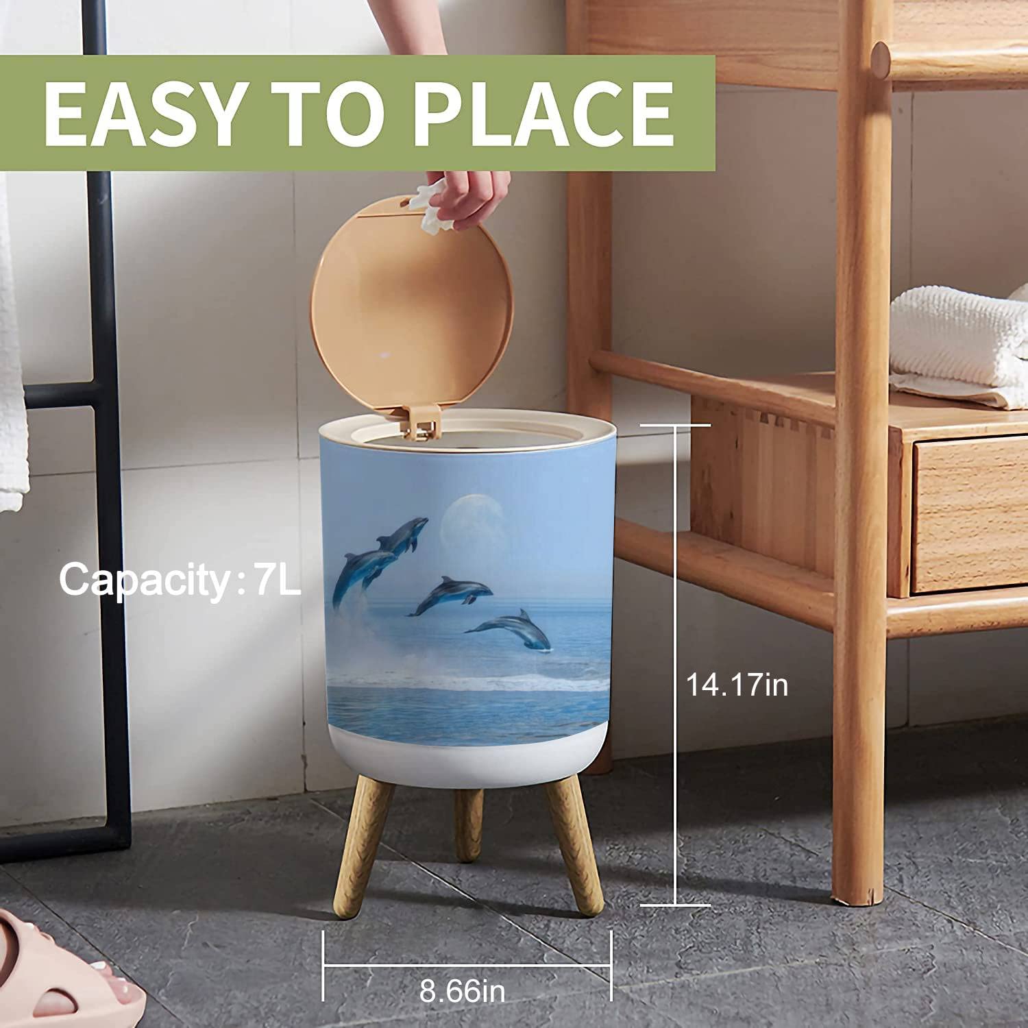Dolphin Sunset Small Trash Can with Lid - 1.8 Gallon Round Press Cover Garbage Bin for Kitchen, Bathroom & Living Room | Dog Proof Wastebasket for Home & Office Use