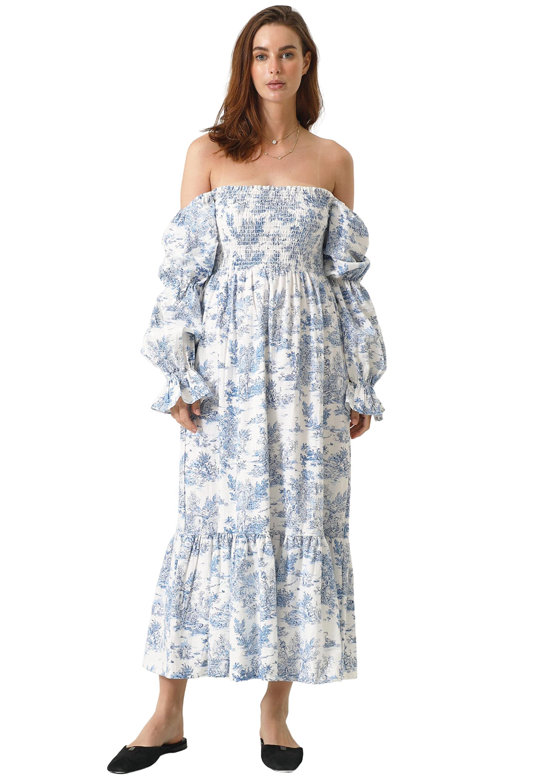 Women's Floral Linen Cotton Dress - Off Shoulder Casual Yuki Gown | Perfect for Summer Outfits, Beach Vacations & Boho Chic Style