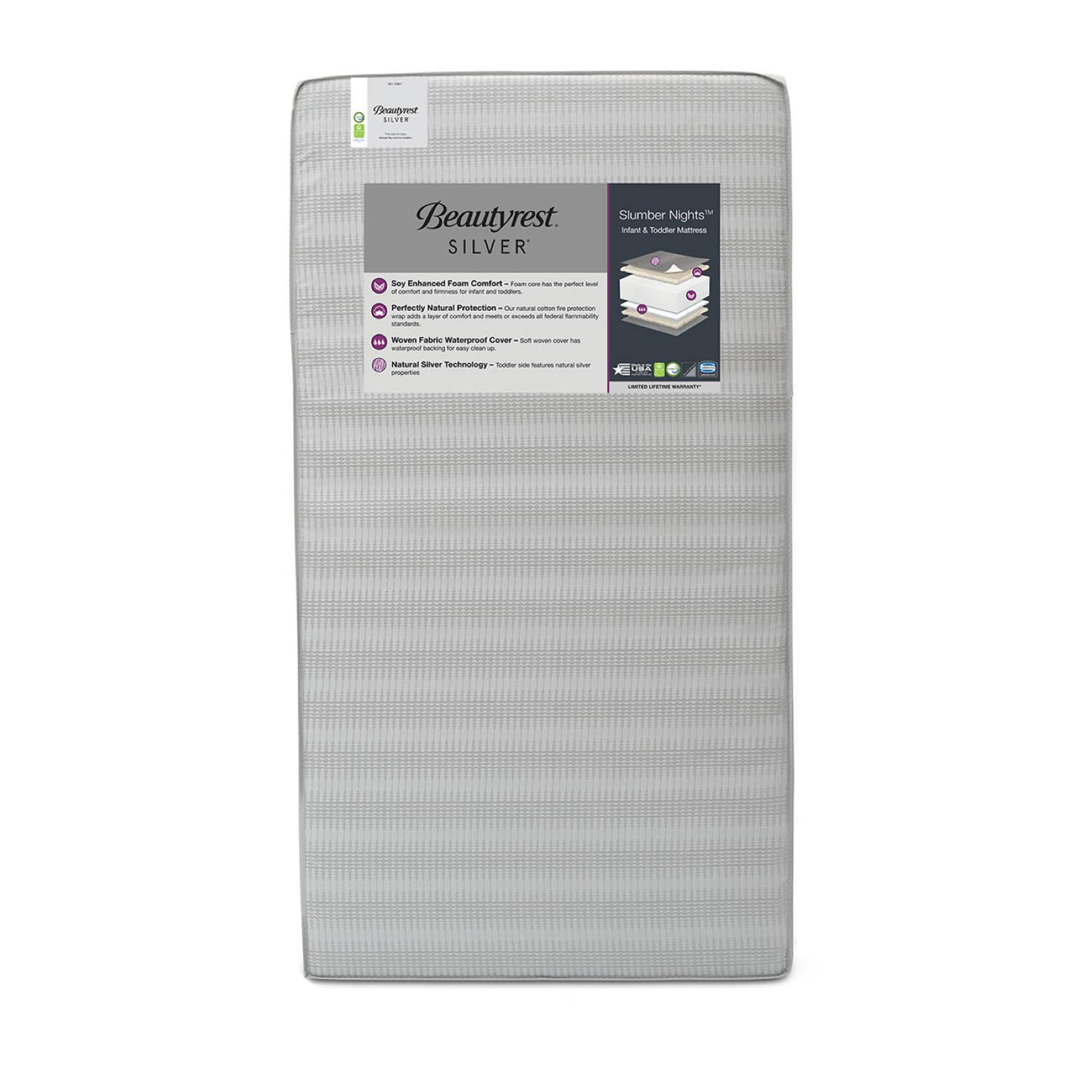 Beautyrest Silver Slumber Nights Dual-Sided 2-Stage Crib & Toddler Mattress - GREENGUARD Gold Certified - Waterproof - Plant-Based Soy Foam Core - Grey - Perfect for Nursery & Kids' Room
