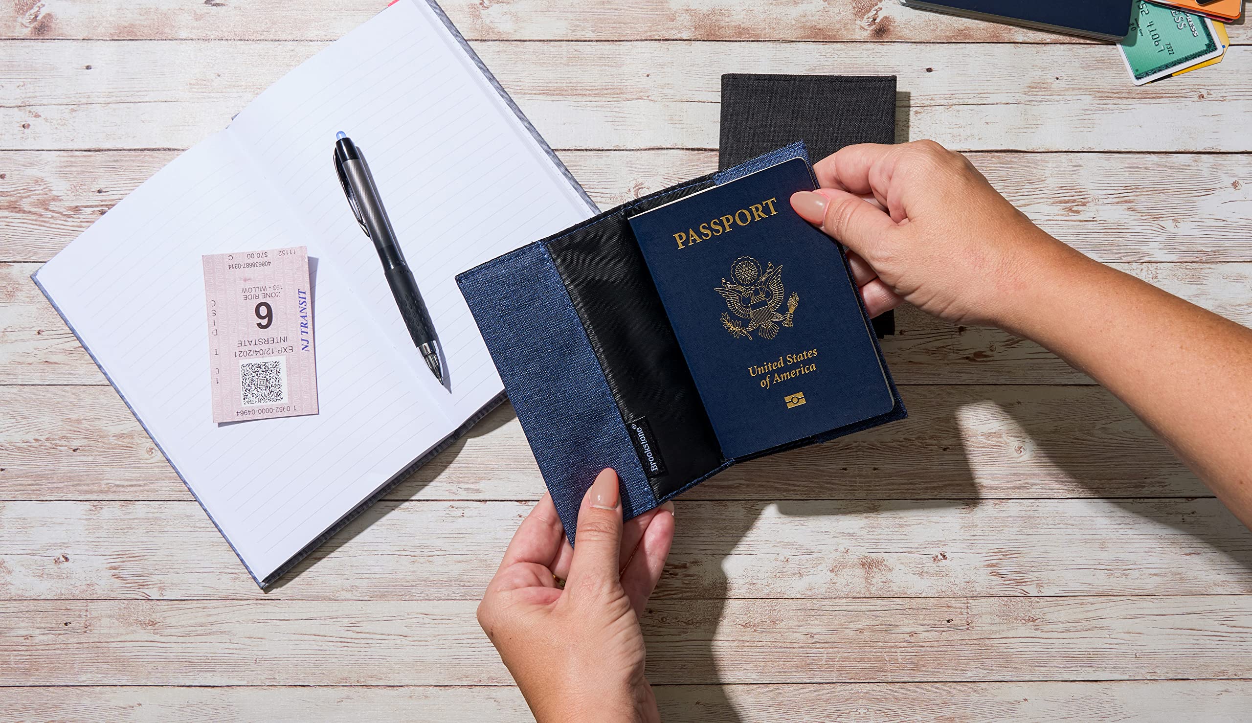 Brookstone RFID Blocking Passport Holder - Anti-Theft Travel Document Organizer for Airplane, Train & Bus Trips | Secure Blue Passport Cover Case for International Vacations & Business Travel