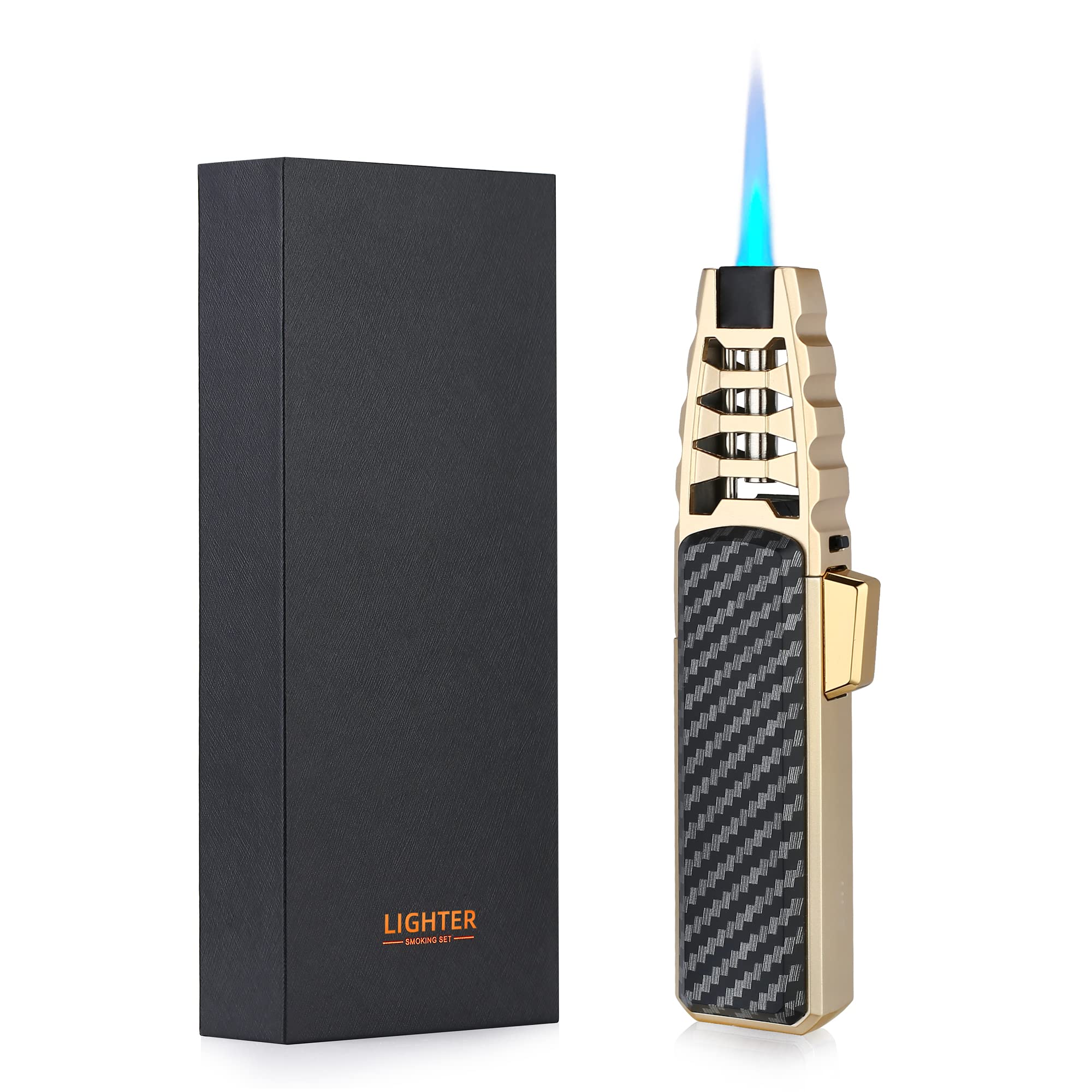 Jet Torch Butane Lighter - Refillable Windproof Lighter with Solar Beam Torch Flame for Candle Lighting, Camping, Grill & BBQ (Butane Not Included) - Perfect for Outdoor Cooking, Fire Starting & Survival Kits - Black Gift Box Included