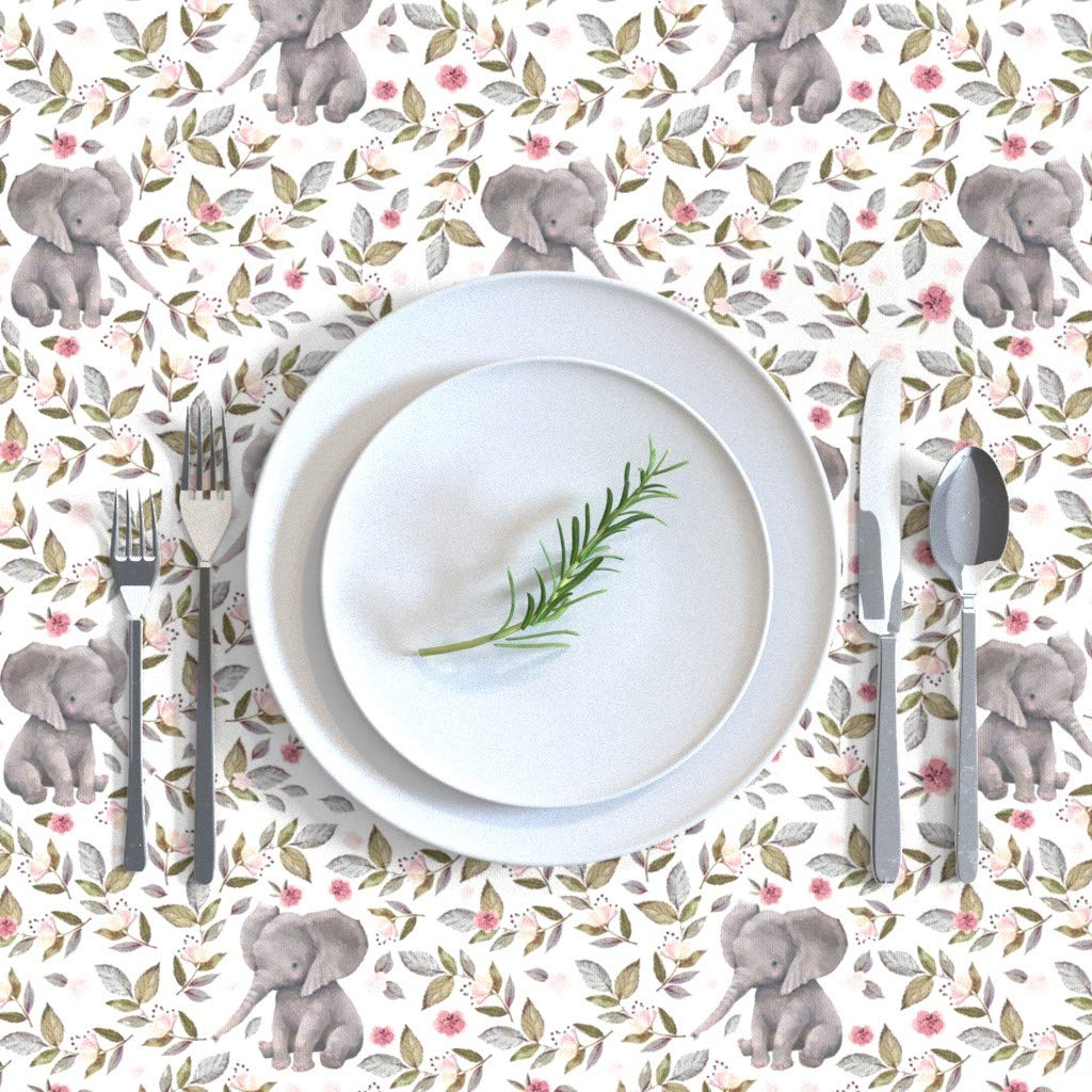 Custom Pink Roses & Baby Elephant Watercolor Print Cotton Sateen Tablecloth 70