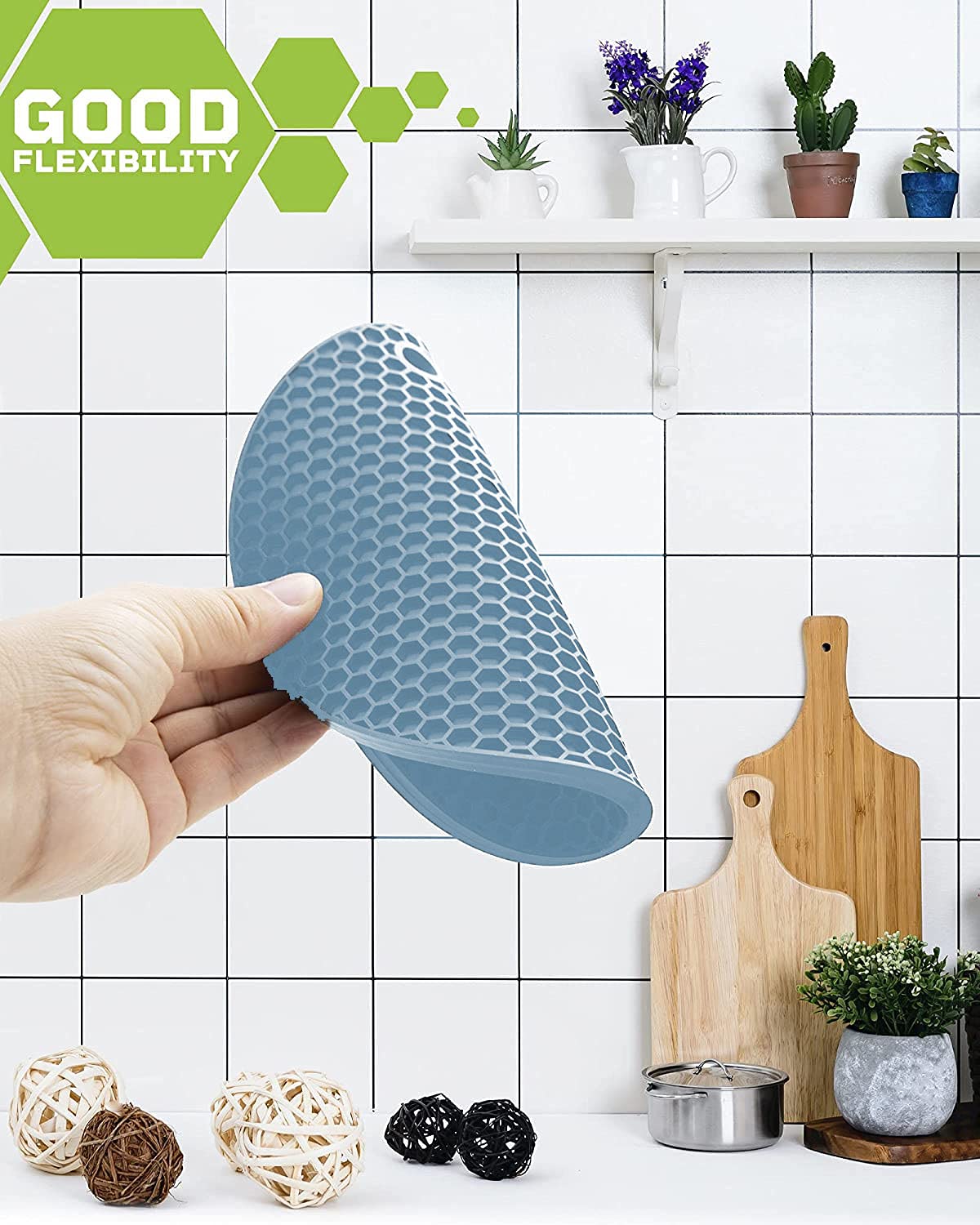 Silicone Trivets for Hot Pots and Pans - Heat Resistant, Non-Slip Kitchen Mat - Flexible Pot Holders for Stove, Oven & Dining Table - Set of 4 Blue Trivets - Perfect for Serving Hot Dishes, Protecting Countertops & Organizing Kitchen