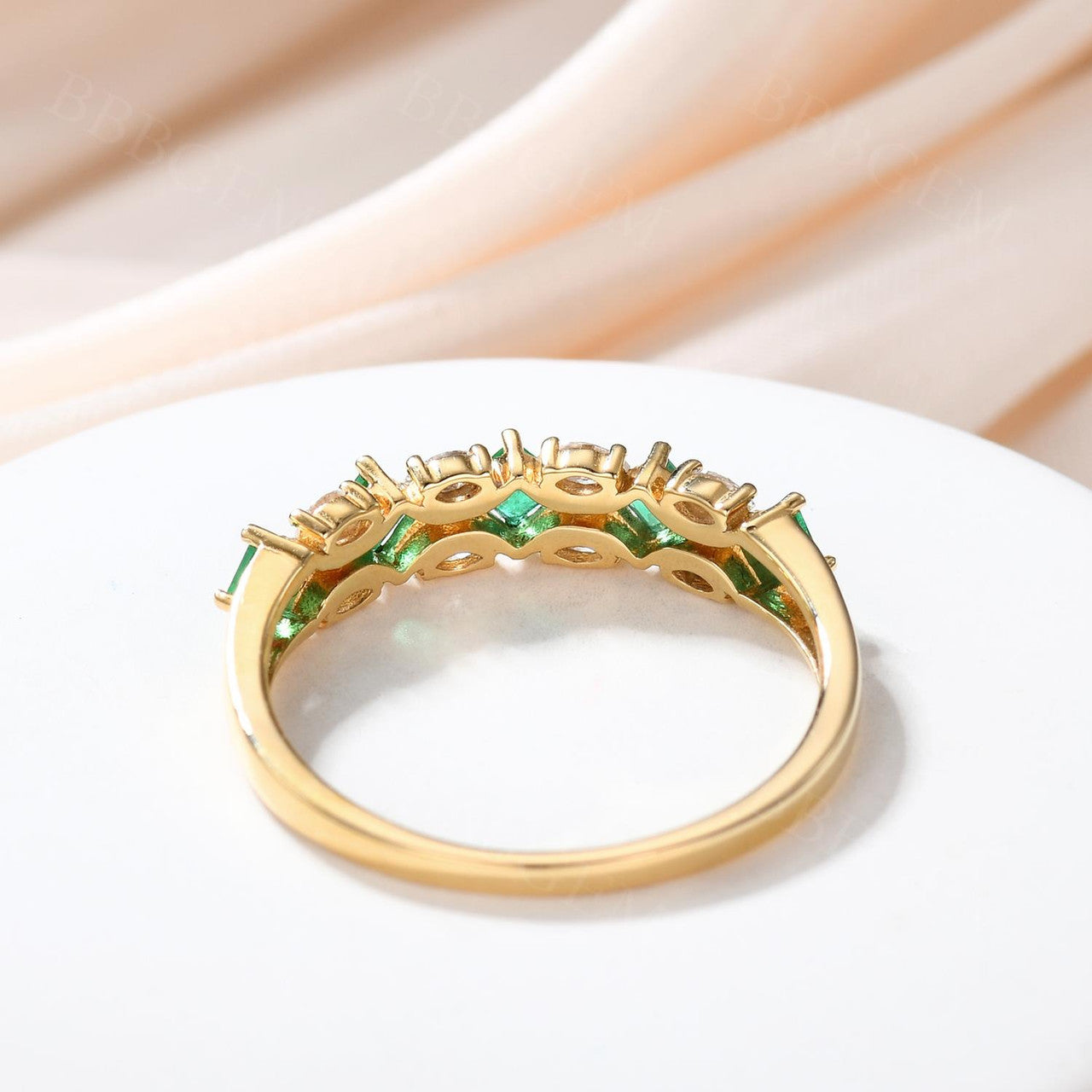 14K Yellow Gold Moissanite & Genuine Emerald Double Row Princess Cut Wedding Band for Women - Elegant Bridal Ring, Anniversary Gift, or Everyday Jewelry