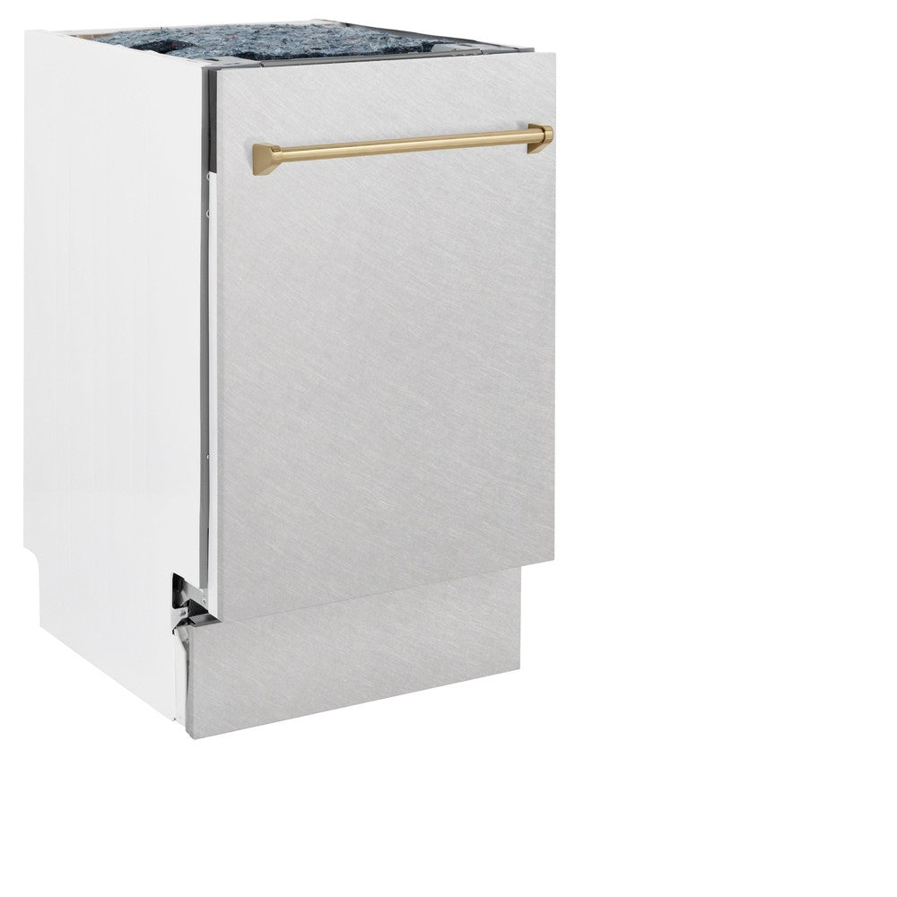 ZLINE Autograph Edition 18-inch Built-In Dishwasher with Satin Stainless Steel Panel & Champagne Bronze Handle - 51dBa Ultra Quiet - Tallac Series 3rd Rack Top Control (DWVZ SN 18 CB) - Perfect for Modern Kitchens and Open-Concept Homes