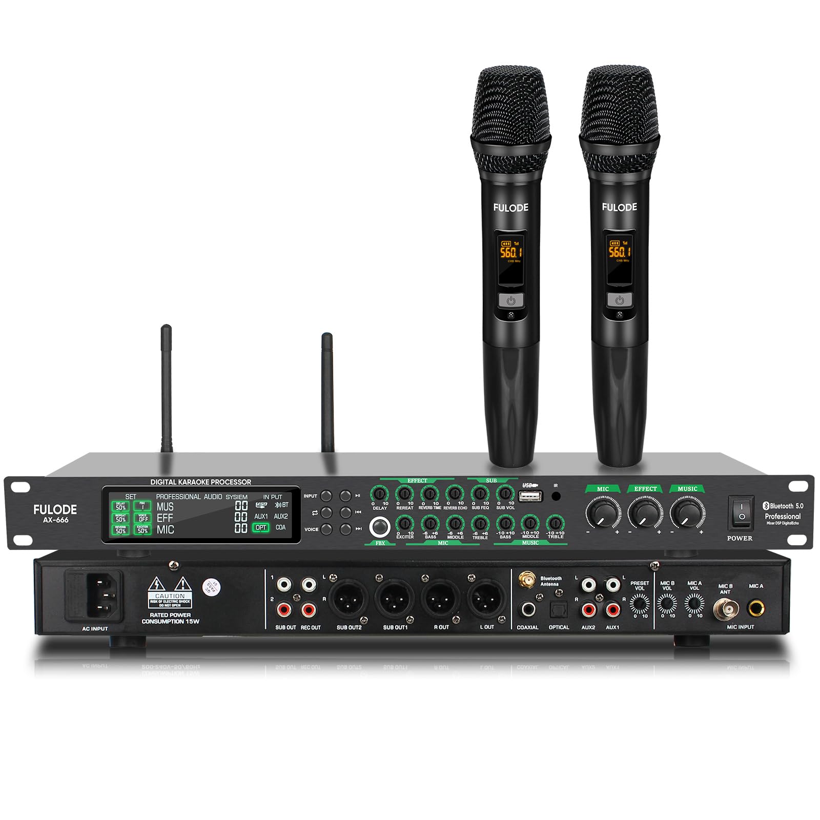Professional AX-666 Karaoke Mixer System with Dual Wireless Mics, DSP Anti-Feedback, USB/MP3/Bluetooth - Perfect for Home KTV, Parties & Stage Performances