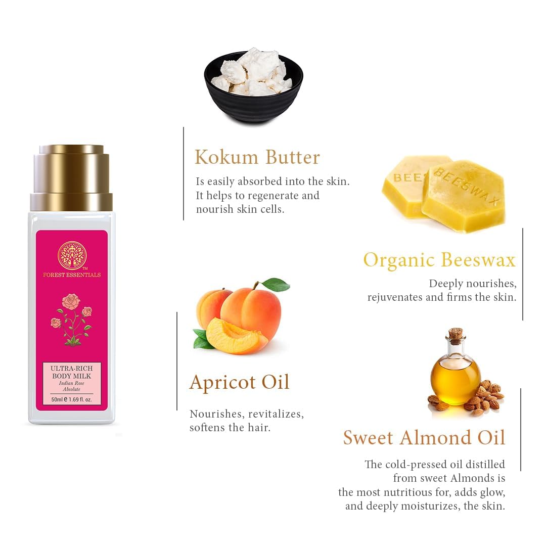 Forest-Essential's Travel Size Ultra-Rich Body Milk with Indian Rose Absolute | Natural Ayurvedic Moisturizing Lotion for Instant Hydration | Paraben-Free Body Cream for Women & Men | 50ml | Perfect for On-the-Go Skincare & Dry Skin Relief