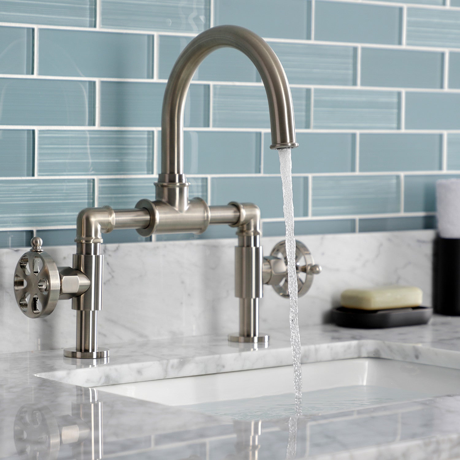 Belknap KS2178RX Brushed Nickel 2-Handle Deck Mount Bathroom Faucet with Push Pop-Up Drain - Modern Water-Saving Design for Vanity Sink, Powder Room & Guest Bath Installation