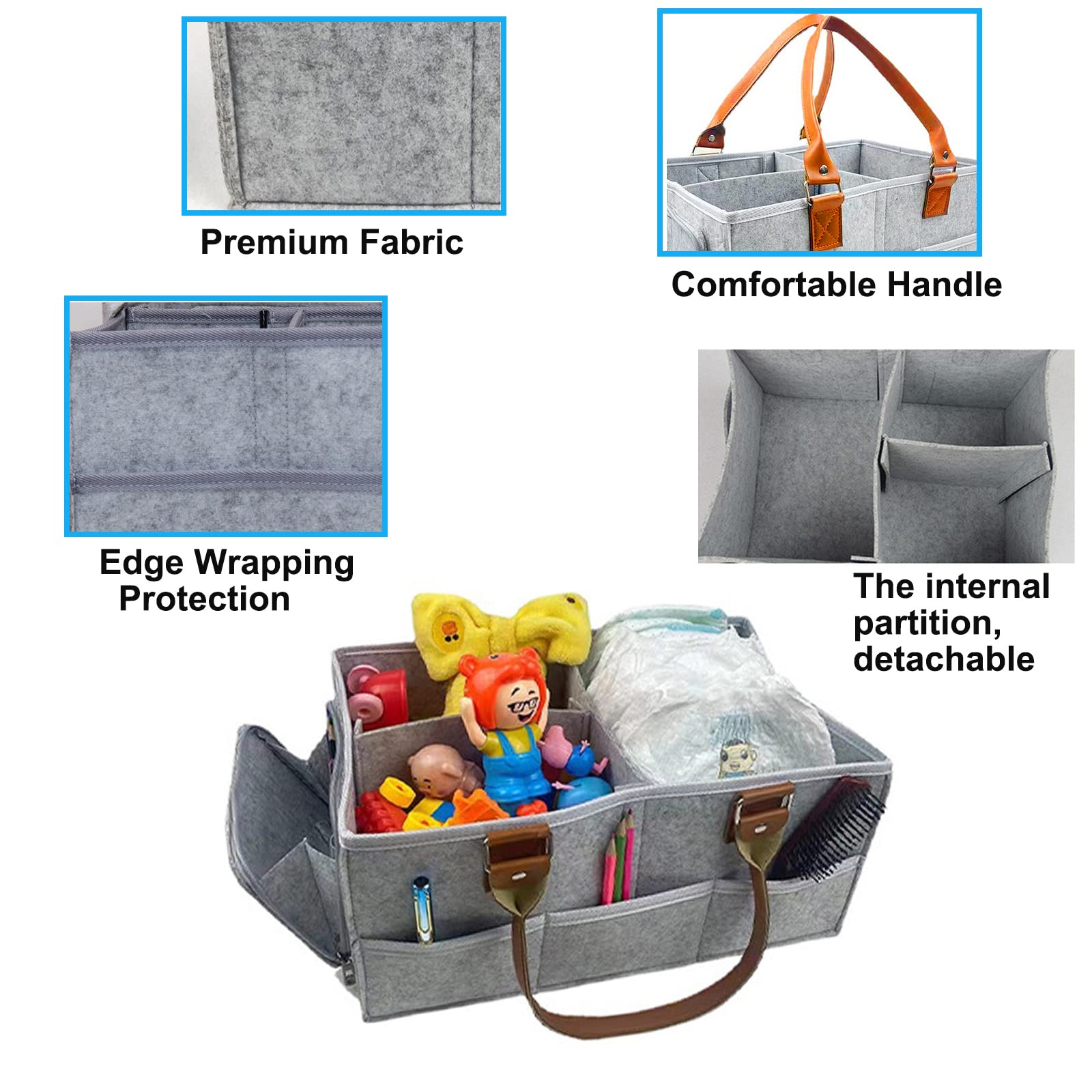 Baby Diaper Caddy Organizer - Large Gray Storage Basket for Diapers, Wipes & Nursery Essentials | Portable Nursery Bin & Car Organizer for Baby Care | Perfect for Nursery, Bedroom & Travel