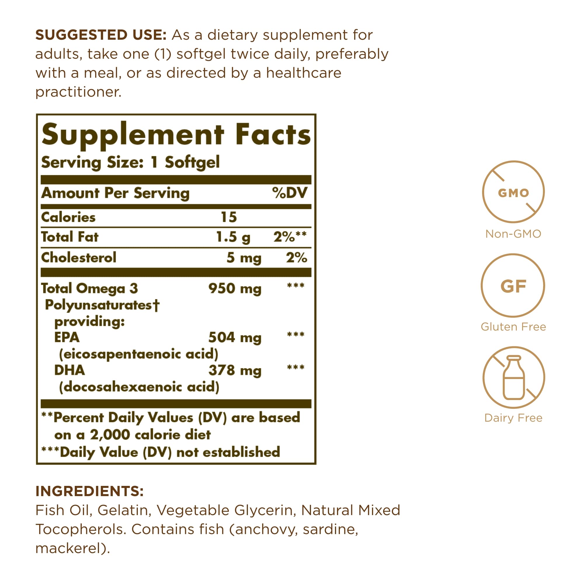 Solgar Triple Strength Omega 3 950mg Fish Oil Softgels - 100 Count (Pack of 3) | 300 Total Servings | Supports Heart, Joint & Skin Health | Non-GMO, Gluten Free, Dairy Free Supplement | Perfect for Daily Wellness & Active Lifestyle
