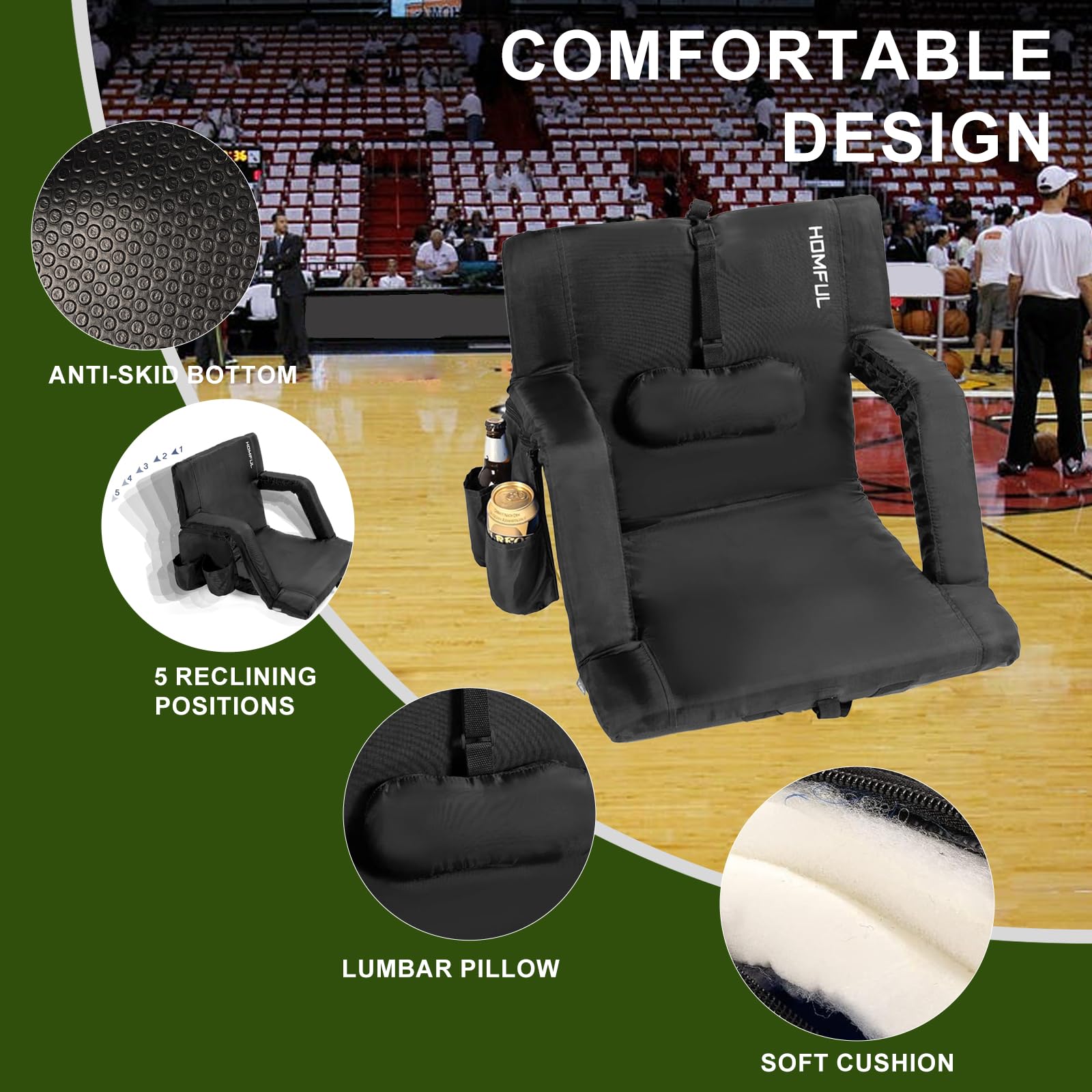 HOMFUL Portable Folding Stadium Chair with Lumbar & Back Support - Padded Cushion Bleacher Seat for Sports Games, Outdoor Camping, Beach, Concerts & Picnics | Comfortable Reclining Chair for Bleachers & Outdoor Events