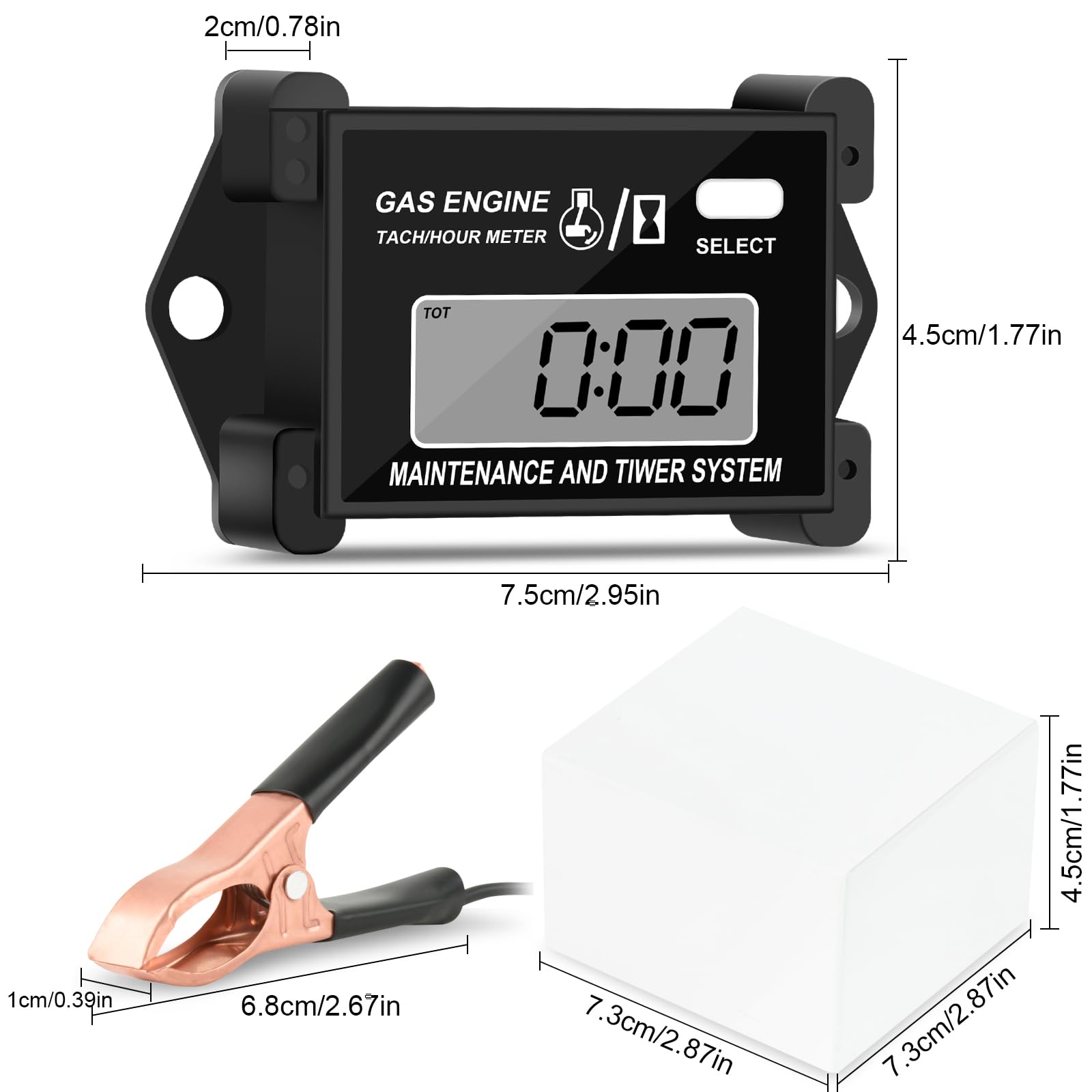 Digital Tachometer & Hour Meter - Inductive RPM Gauge with Total Time & Job Timer for Small Engines - Perfect for Snowmobiles, Motor Bikes, Go Karts, Lawn Mowers & Outdoor Power Equipment