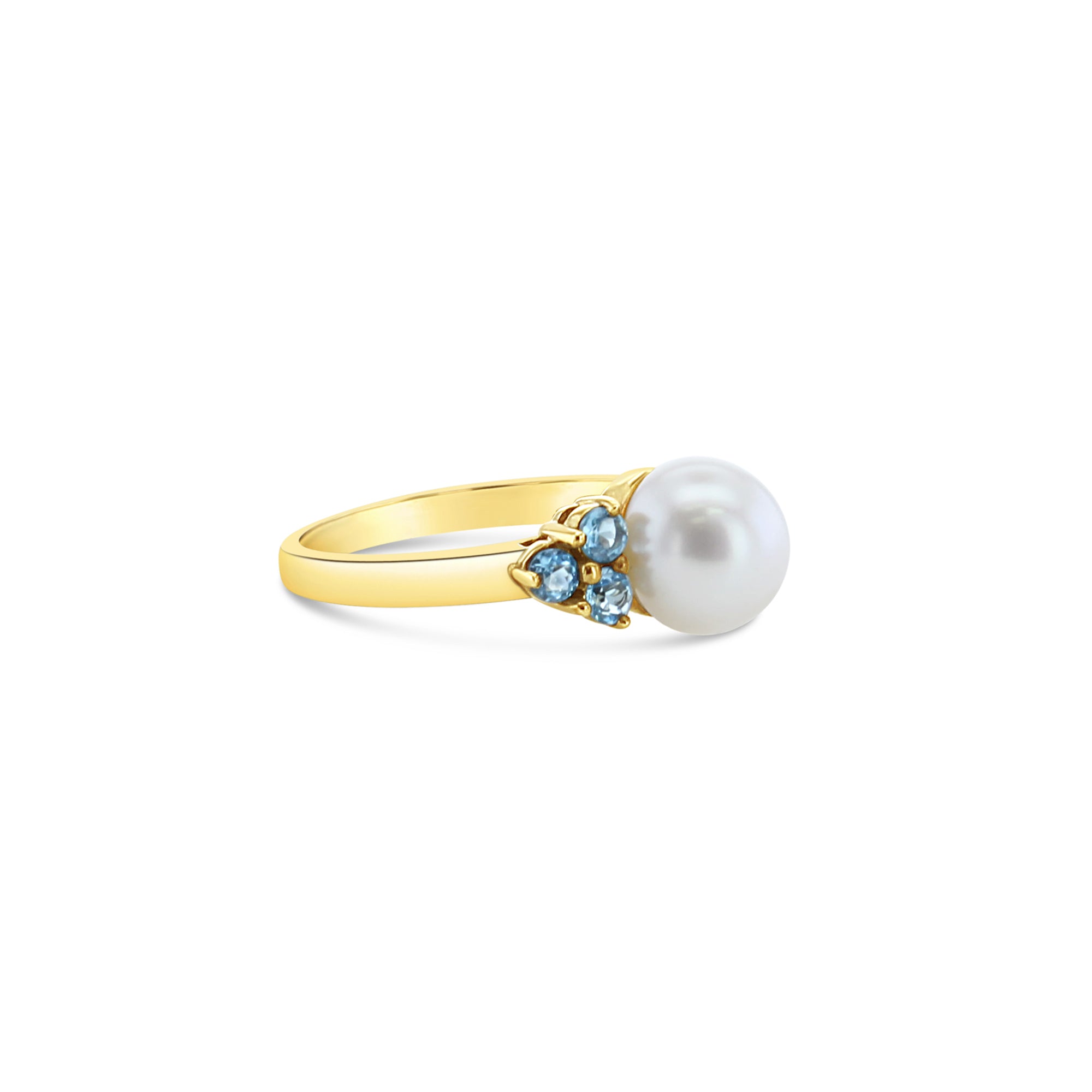 14k Yellow Gold Pearl Ring with Blue Topaz Accents - Elegant Jewelry for Weddings, Anniversaries & Special Occasions