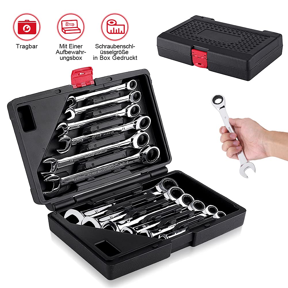 12-Piece Spanner Ratchet Set - CRV Steel Combination Wrench Kit (8-19mm) with Tool Box - Open-End & Ring Wrench Set for Car Repairs, Home Maintenance & DIY Projects