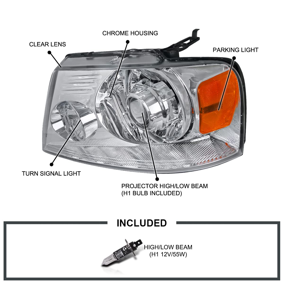 Spec-D Tuning Retrofit Chrome Projector Headlights for 2004-2008 Ford F150 & 2006-2008 Lincoln Mark LT - Left & Right Pair Headlamp Assembly - Upgrade Your Truck's Nighttime Visibility & Style