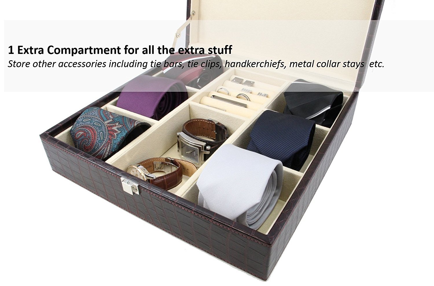 Premium Handcrafted Genuine Crocodile Leather Tie & Cufflink Storage Box for Men - Luxury Seal Brown Organizer for Neckties, Accessories & Gifts - Perfect for Home, Office & Travel Use
