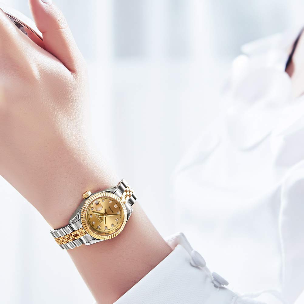 OLEVS Women's Automatic Watch - Gold Stainless Steel Waterproof Luxury Dress Watch with Date Display | Perfect for Business, Evening Events & Formal Occasions