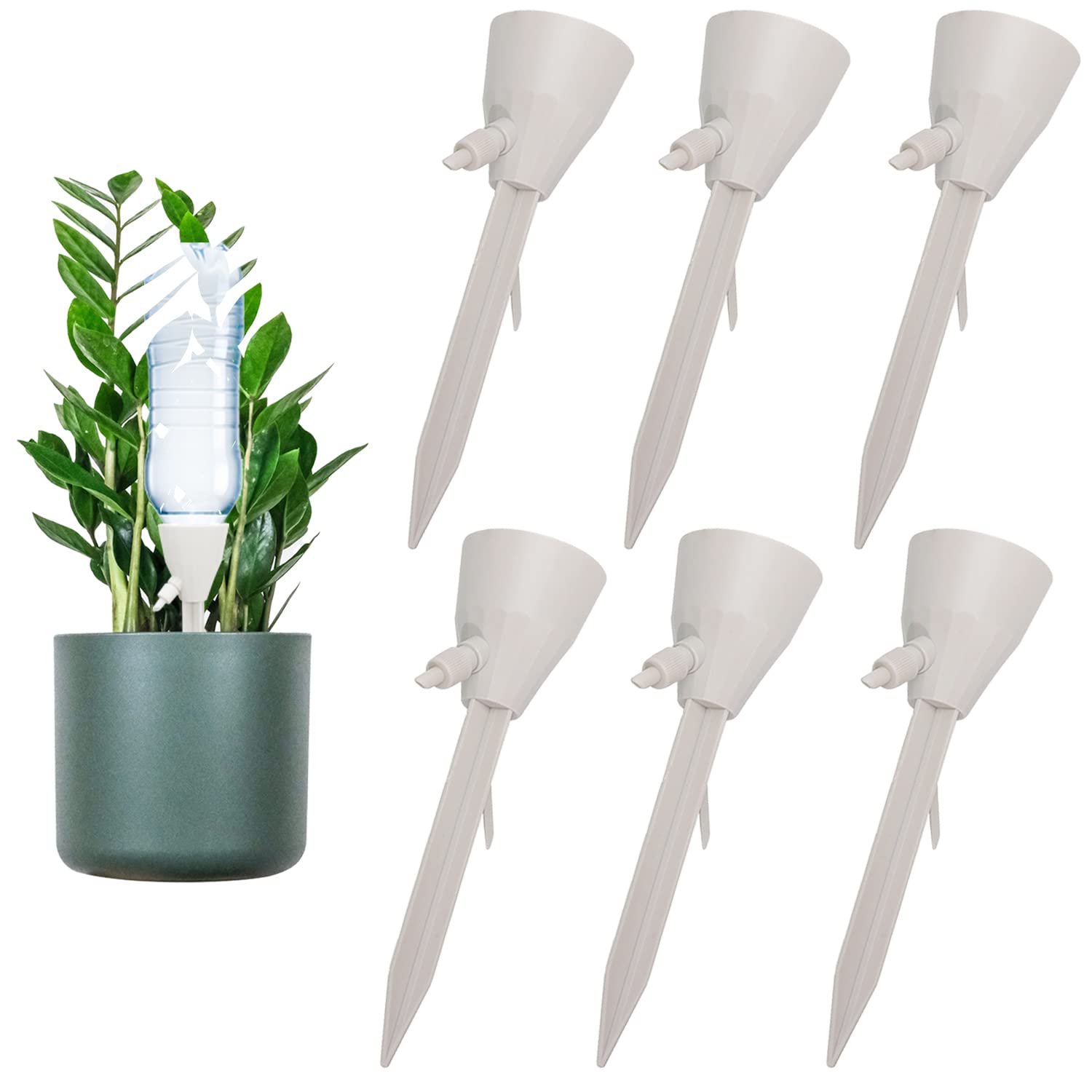HandyAndy Self Watering Stakes - Automatic Plant Watering System for Indoor & Outdoor Plants | 6-Pack Beige Plant Watering Globes & Bulbs | Perfect for Vacation Care, Garden Irrigation & Potted Plant Maintenance