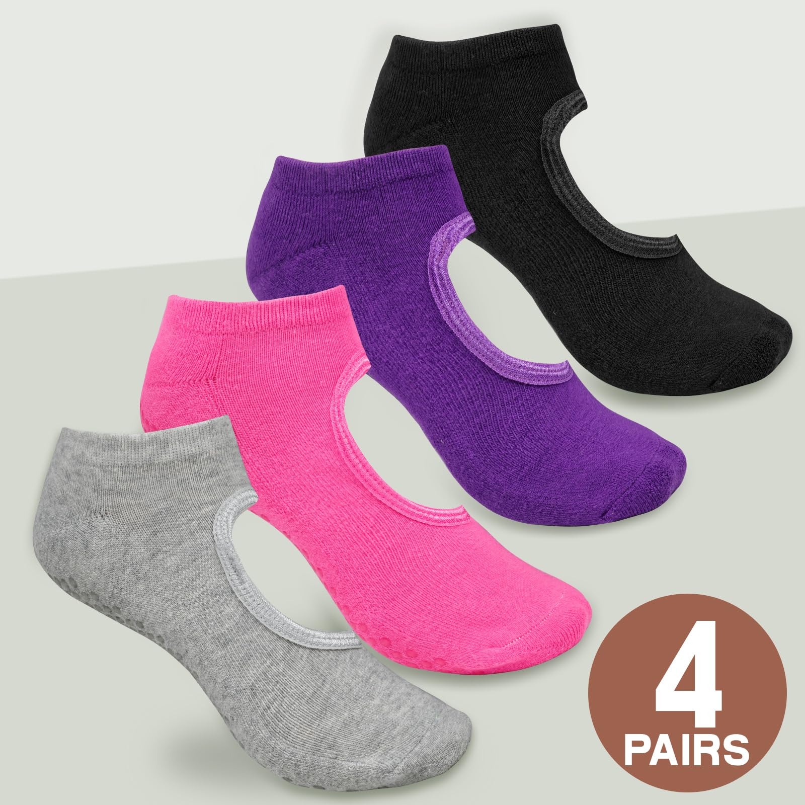 4 Pairs Non-Slip Yoga Socks for Women - Toeless Grip Pilates, Barre & Ballet Socks with Elastic Design - Perfect for Yoga, Dance, Gym Workouts & Home Exercise