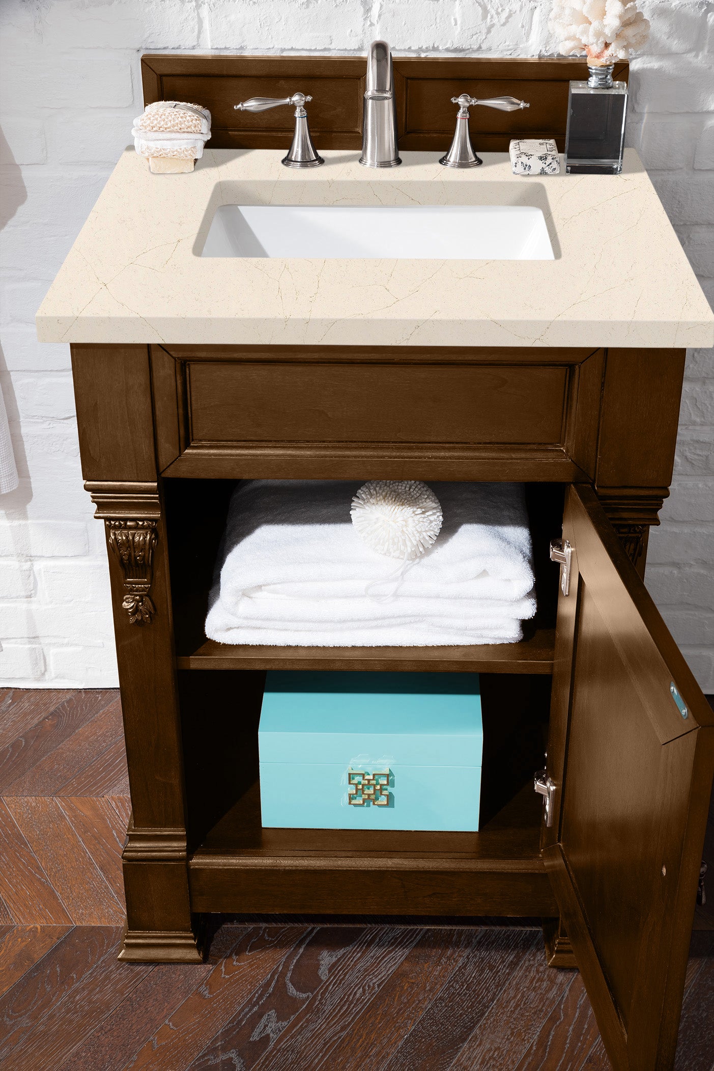 Brookfield 26 Inch Single Bathroom Vanity Set with Country Oak Finish & 3CM Eternal Marfil Quartz Countertop - Perfect for Modern Farmhouse, Rustic, or Traditional Bathroom Decor