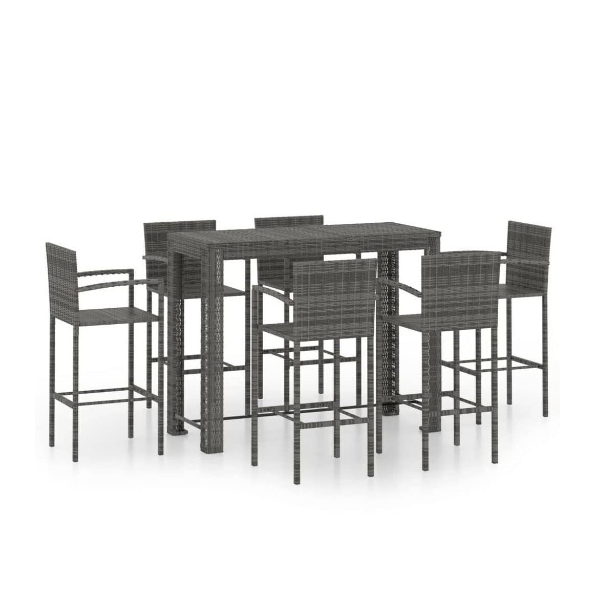 GKOMMERK 7-Piece Outdoor Bar Set with Armrest - Gray Poly Rattan Bistro Dining Furniture for Patio, Porch & Garden - Perfect for Entertaining Guests or Relaxing Outdoors