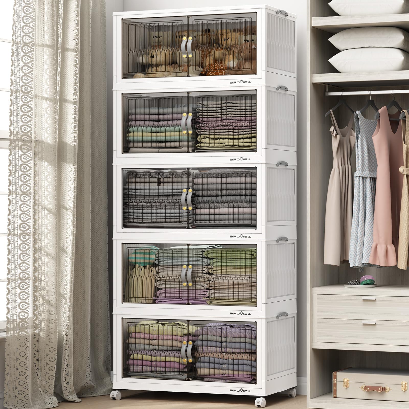 120 Qt Stackable Storage Bins with Lids - 5-Pack White Collapsible Storage Boxes with Wheels for Closet, Home & Office Organization - Plastic Storage Containers for Clothes, Toys & Seasonal Items