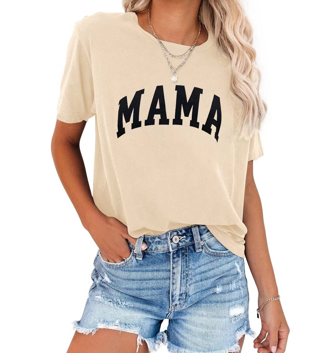 FEEKEKE Women's Mama Letter Print Graphic T-Shirt - Casual Short Sleeve Cotton Top for Moms | Perfect for Mother's Day, Family Outings & Everyday Wear