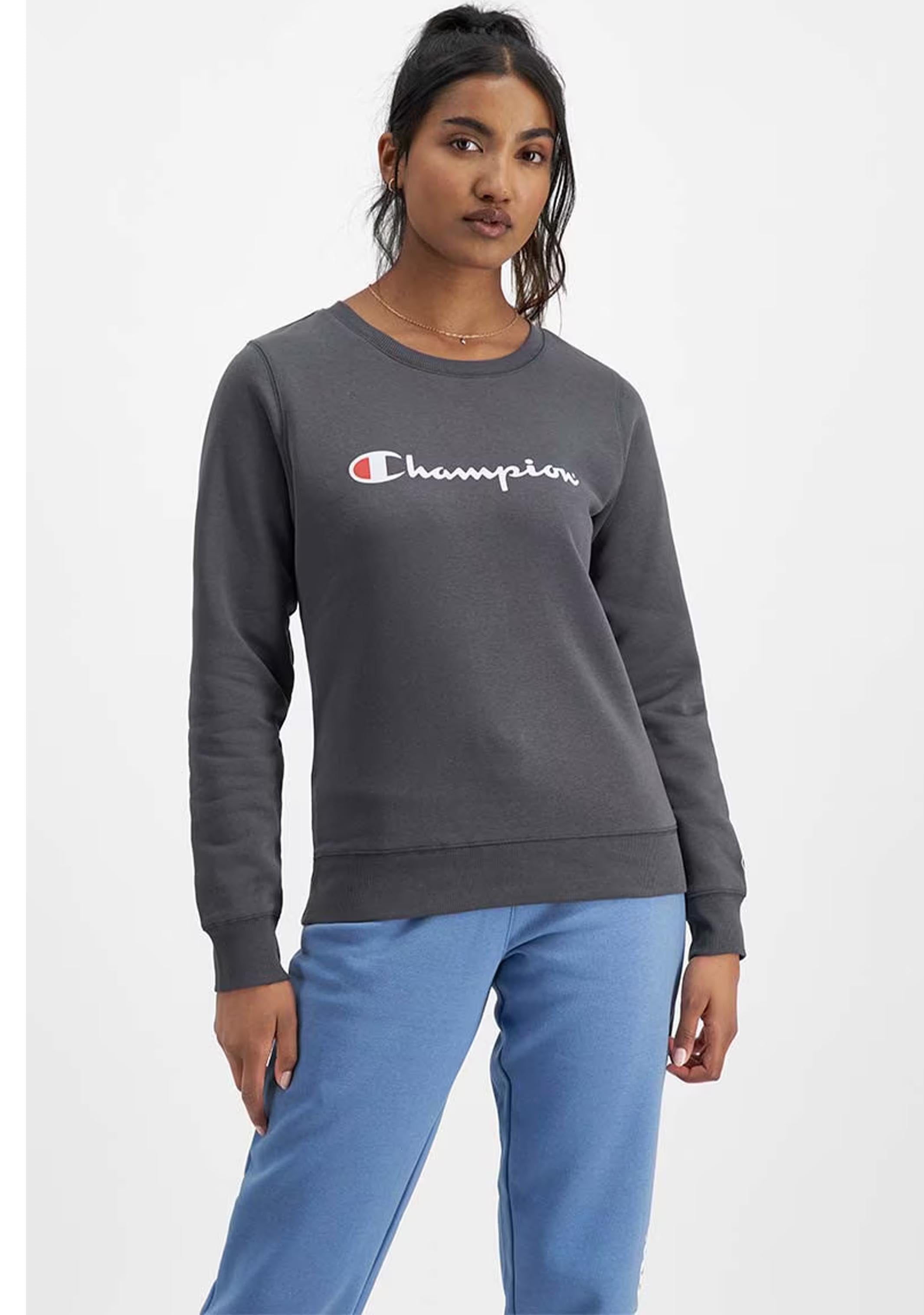 Champion Women's Script Logo Crewneck Sweatshirt - Soft Cotton Casual Pullover for Everyday Wear, Gym, and Lounge